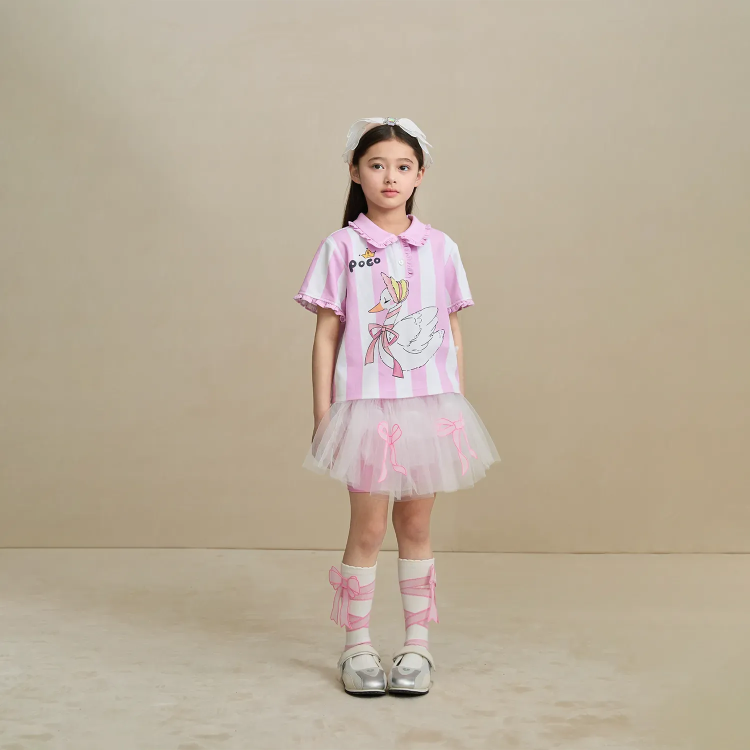 Poco Blush Swan Ballet Print Ruffle Polo Tee