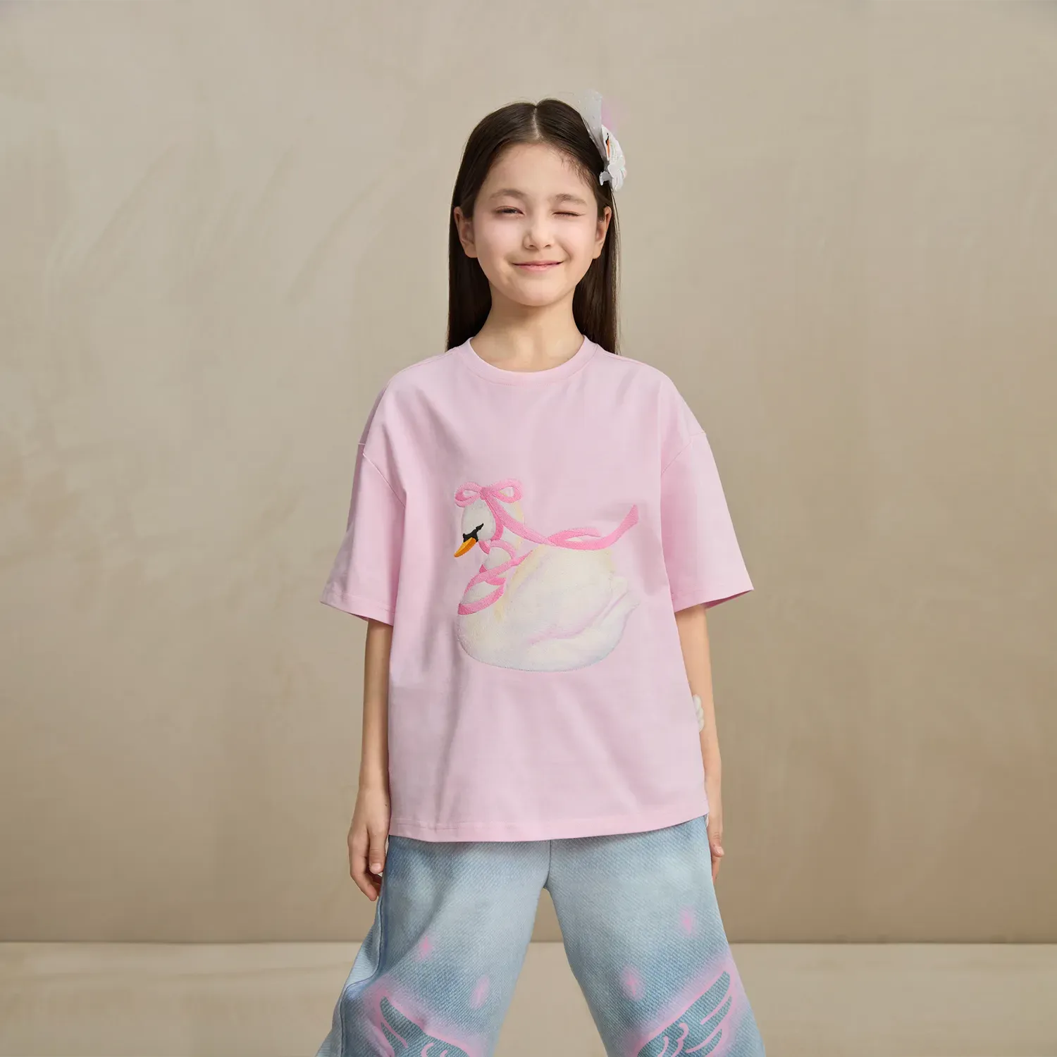 Poco Blush Embroidered Swan Tee with Wings