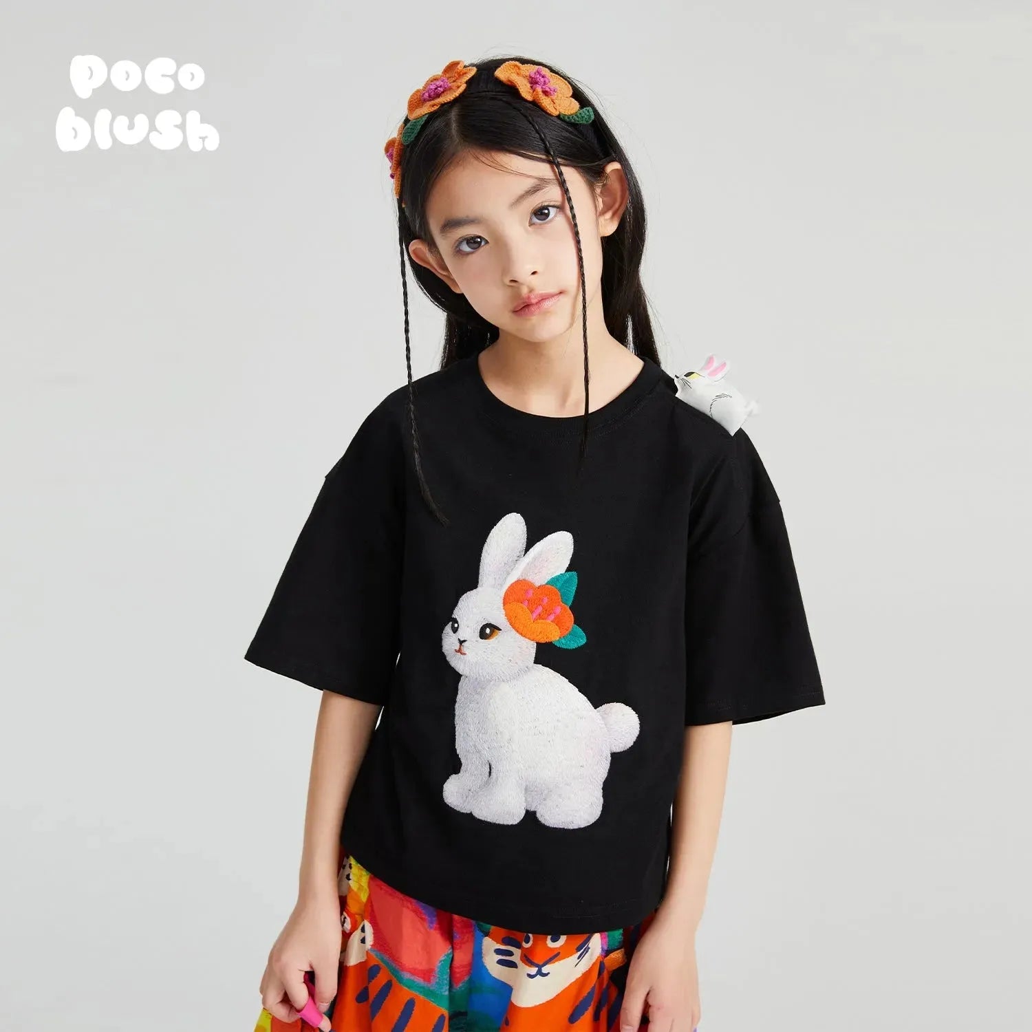 Poco Blush Ink-Black Rabbit & Camellia Cotton Tee