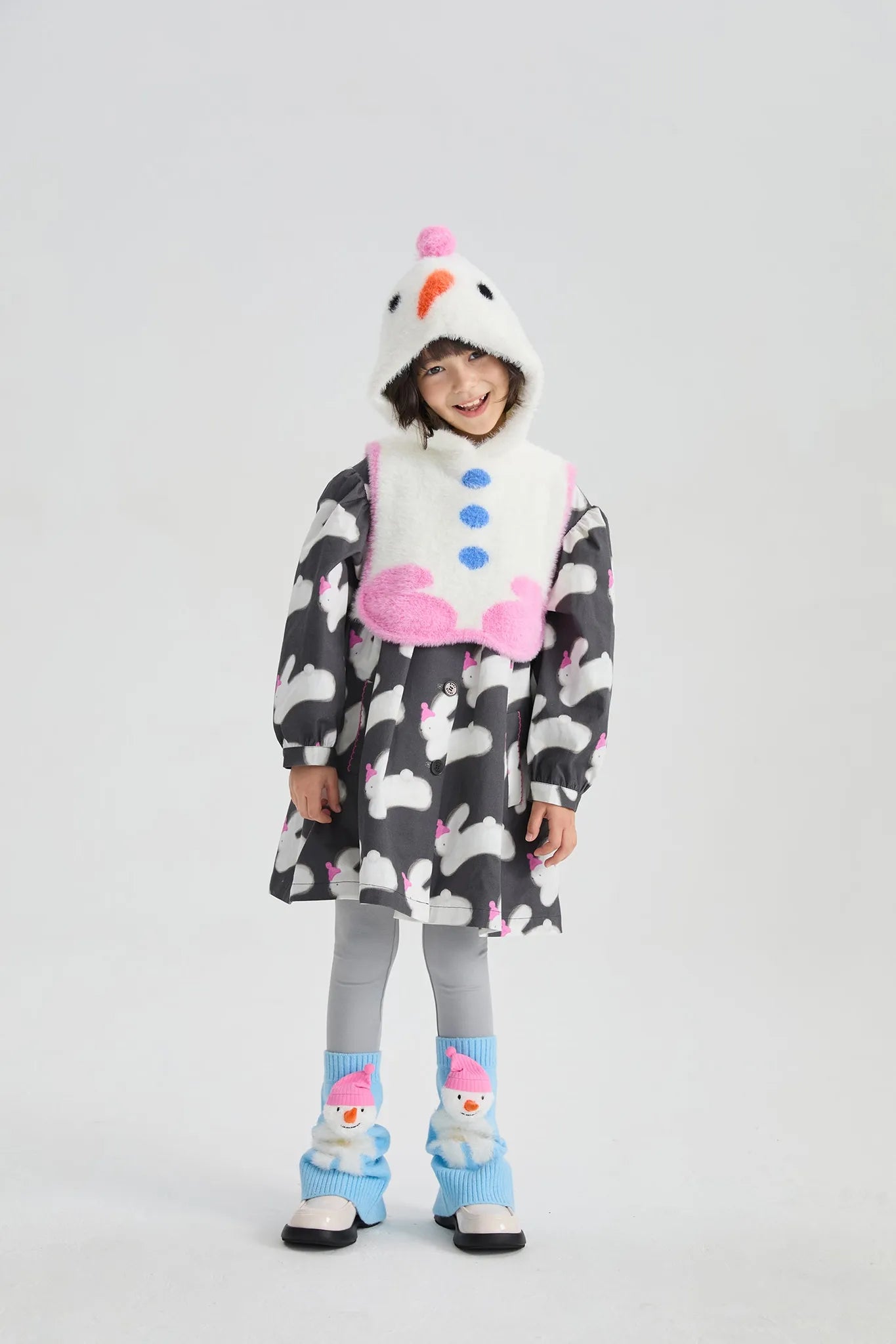 Poco Blush Bunny & Snowman Cotton Trench Coat + Vest