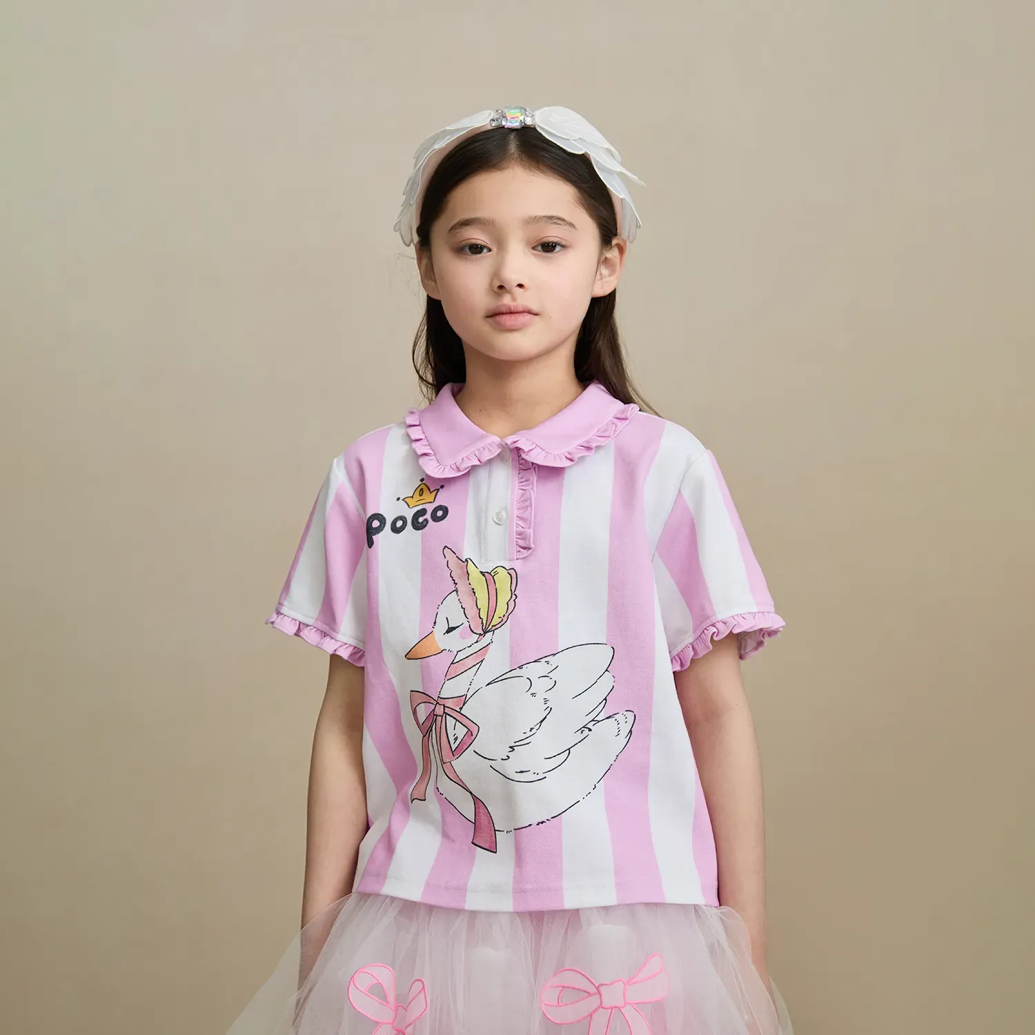 Poco Blush Swan Ballet Print Ruffle Polo Tee