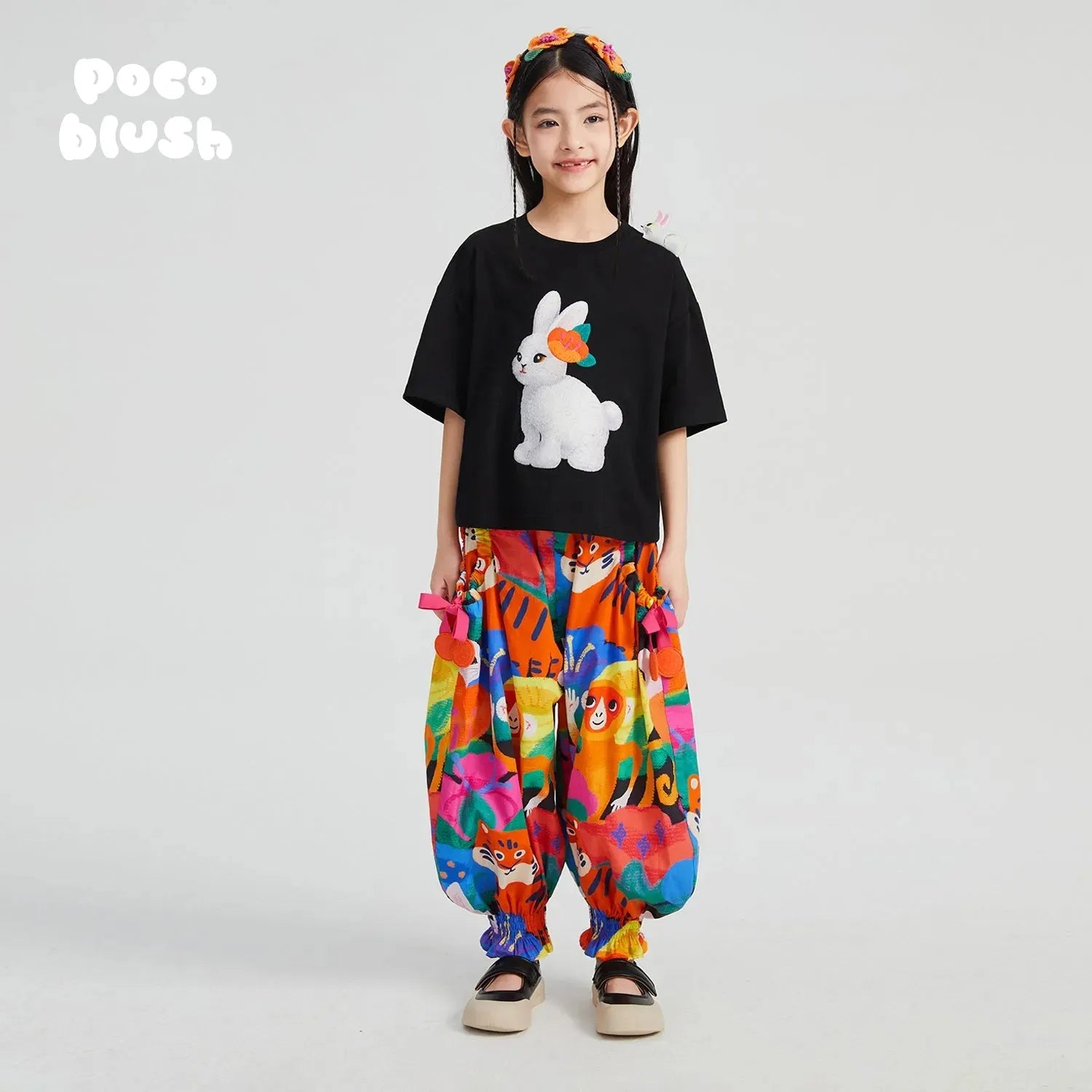 Poco Blush Ink-Black Rabbit & Camellia Cotton Tee