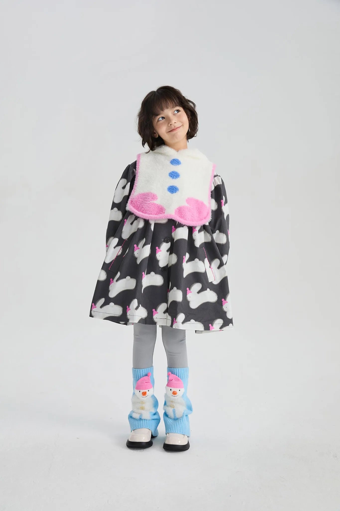 Poco Blush Bunny & Snowman Cotton Trench Coat + Vest