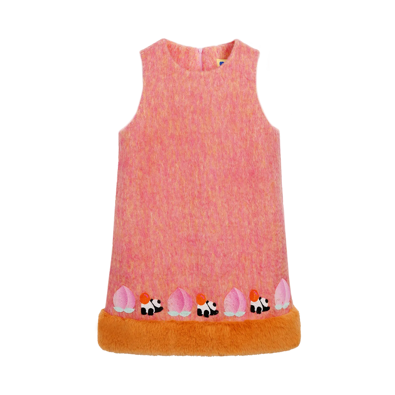 Panda and Peach Embroidered Wool-Blend Dress