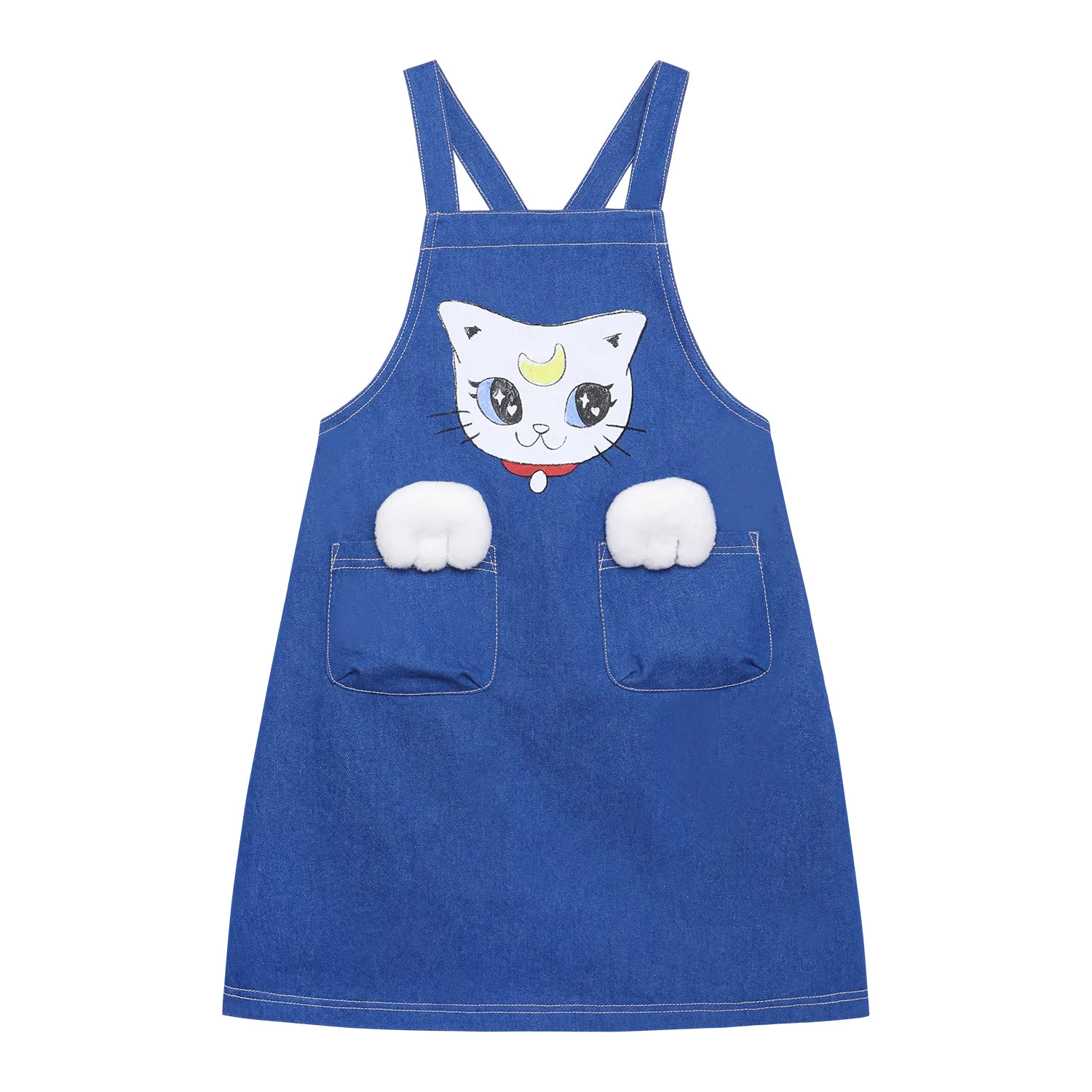Pocket Cat Washed Denim Pinafore Dress
