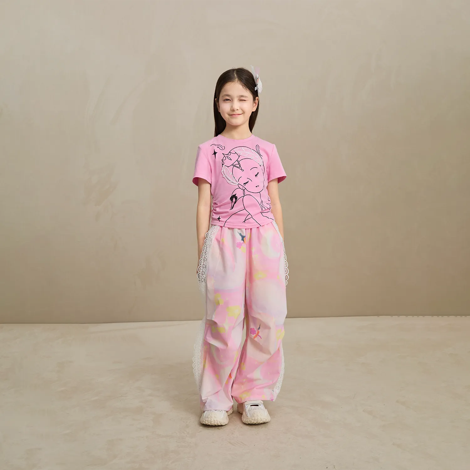 Poco Blush Swan Dream Parachute Pants with Lace Panels