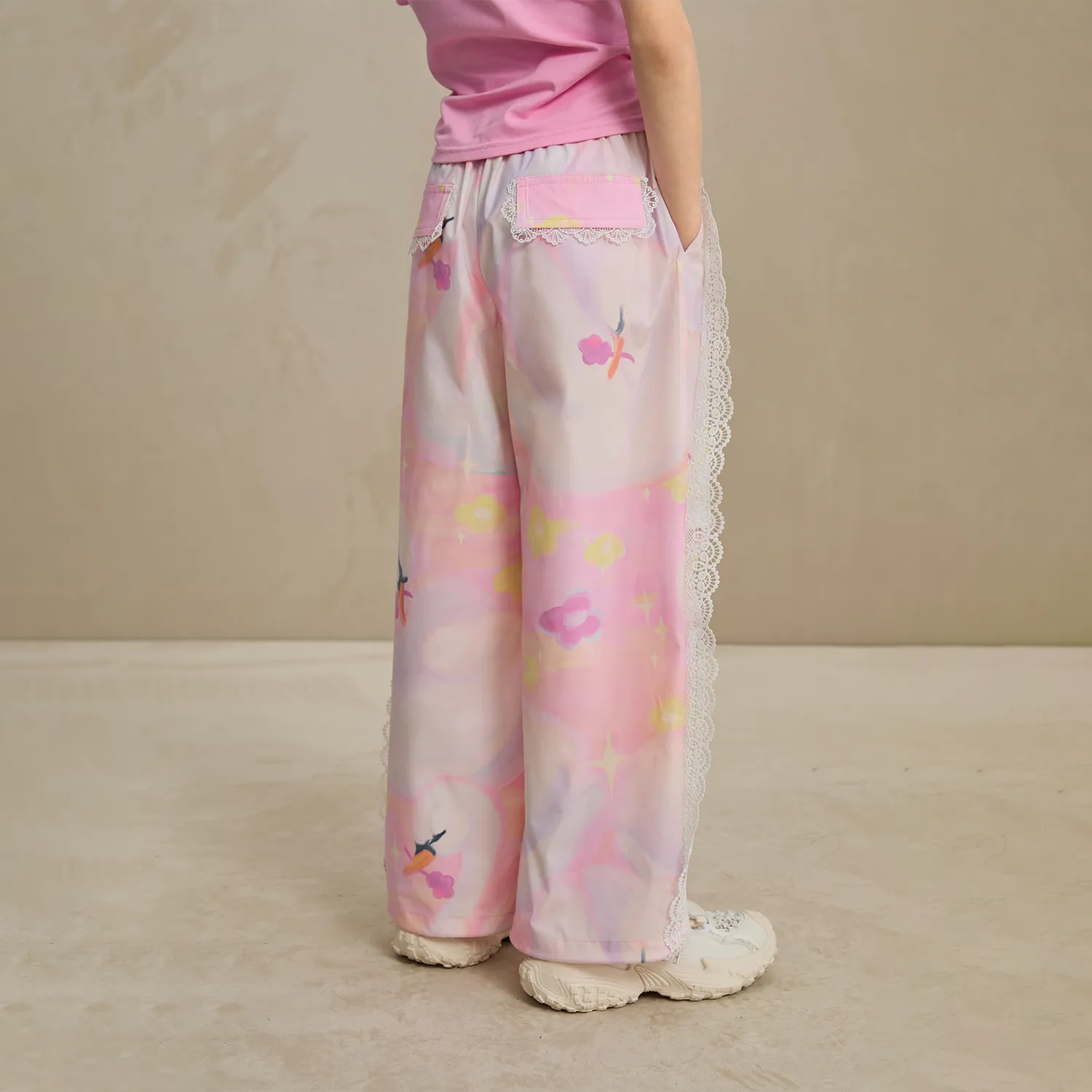 Poco Blush Swan Dream Parachute Pants with Lace Panels