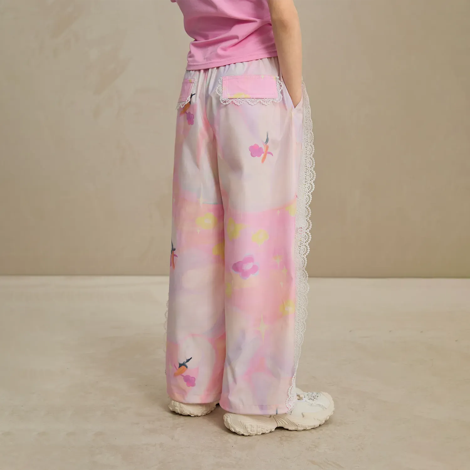 Poco Blush Swan Dream Parachute Pants with Lace Panels