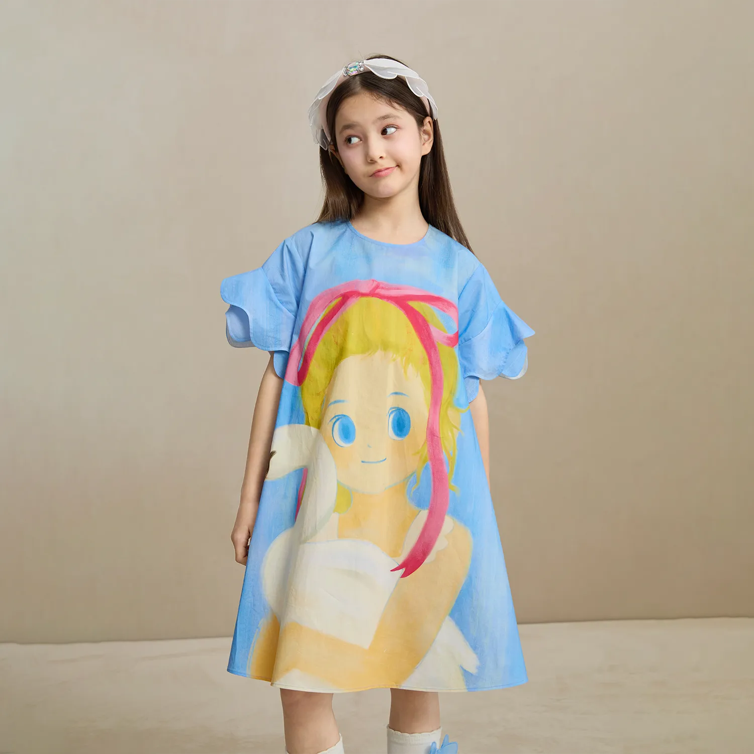 Poco Blush Swan Girl Ruffle Sleeve Dress