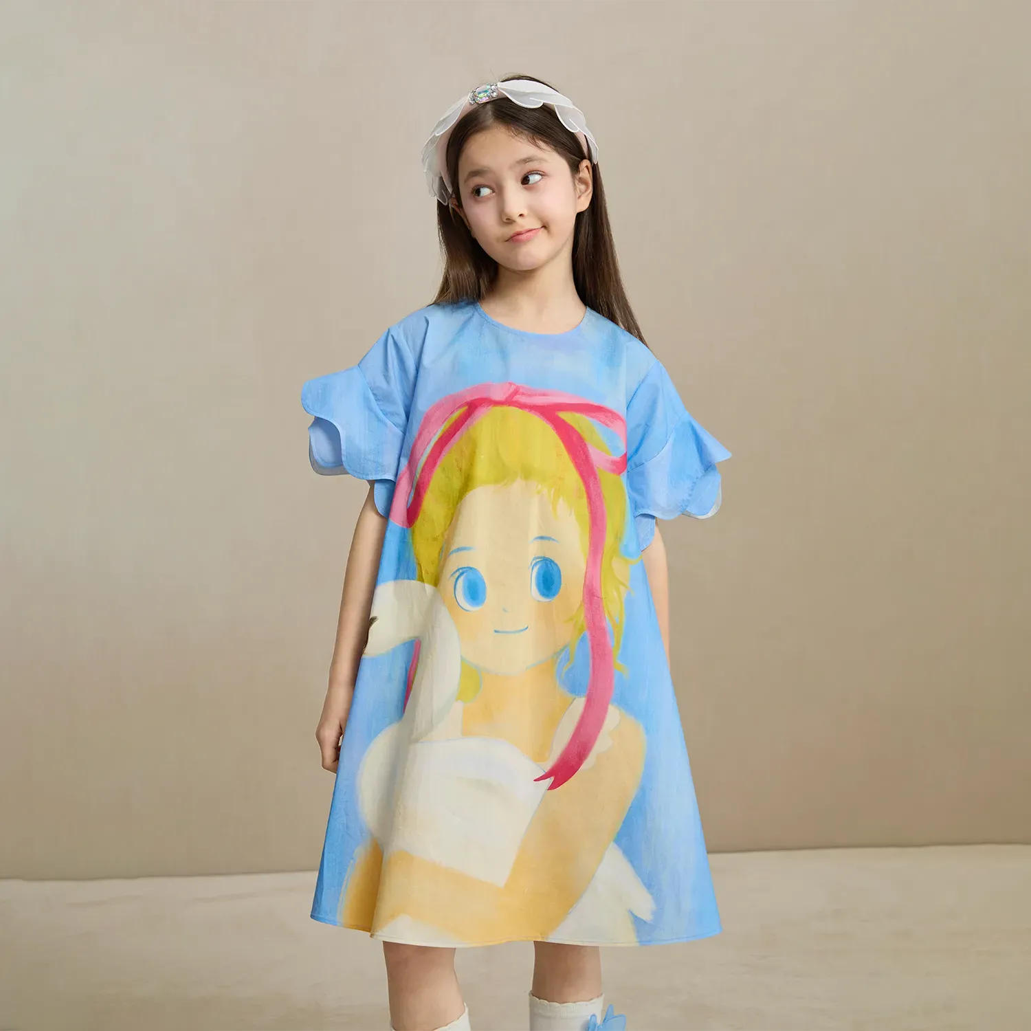 Poco Blush Swan Girl Ruffle Sleeve Dress