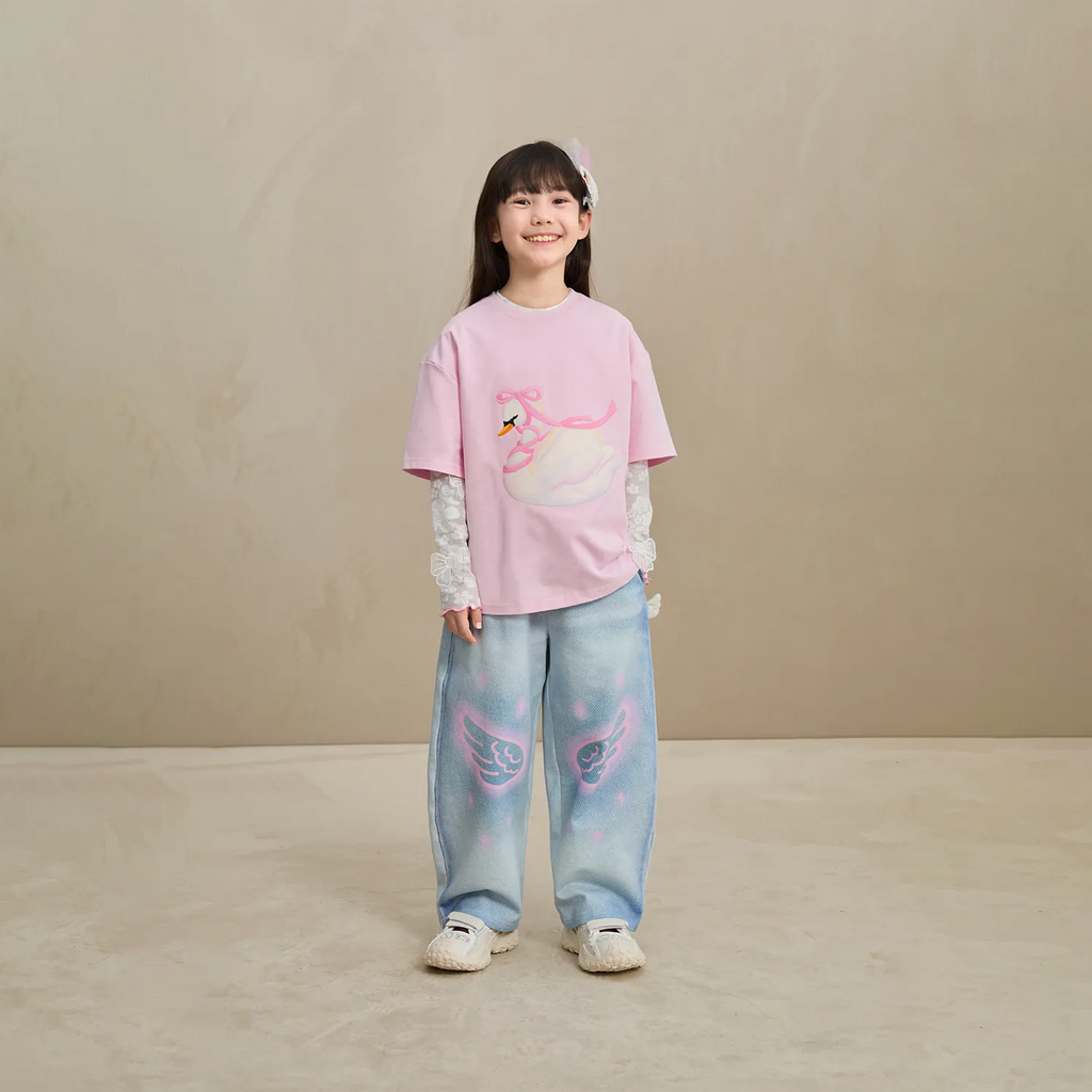 Poco Blush Embroidered Swan Tee with Wings