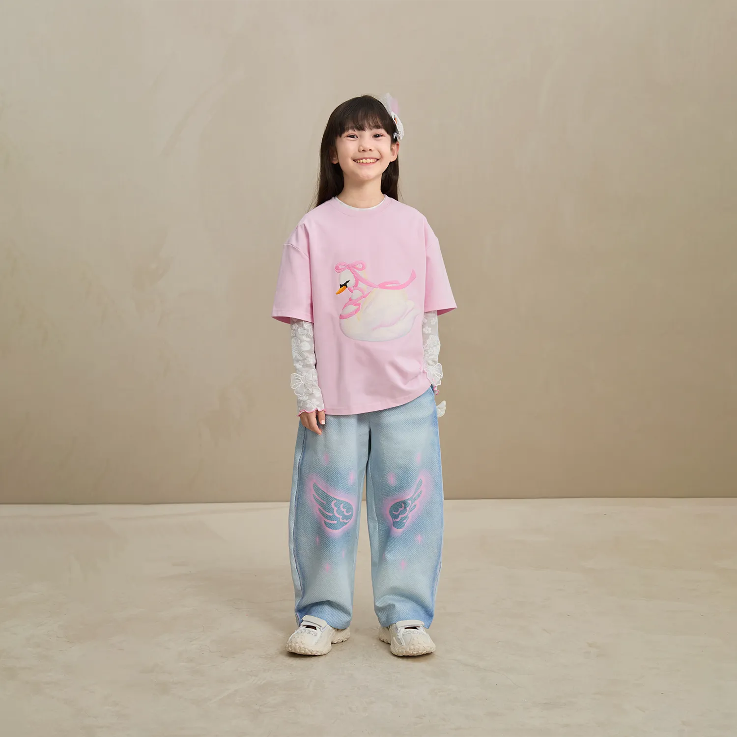 Poco Blush Embroidered Swan Tee with Wings
