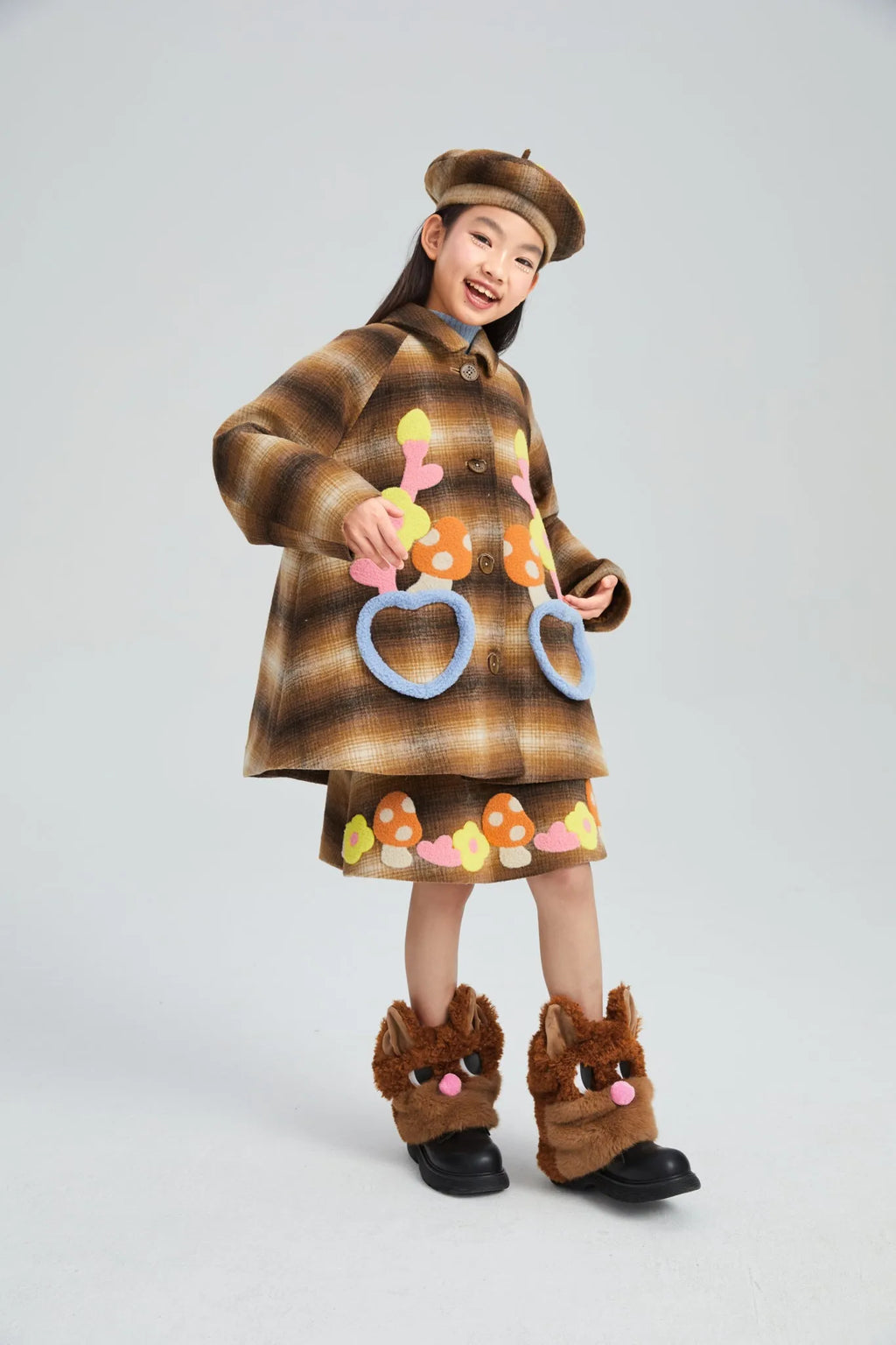 Poco Blush Forest Embroidered Check Wool Coat