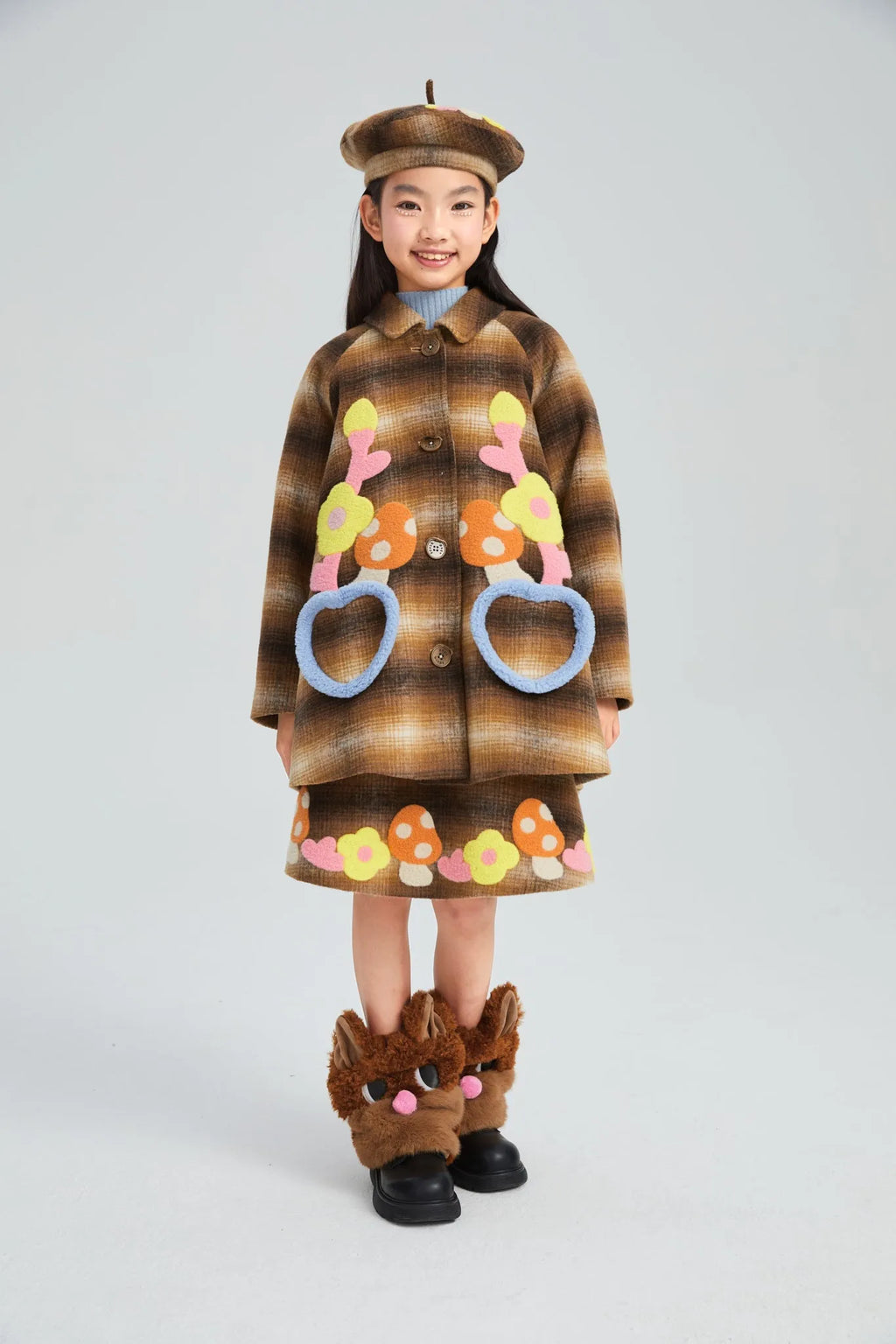 Poco Blush Forest Embroidered Check Wool Coat