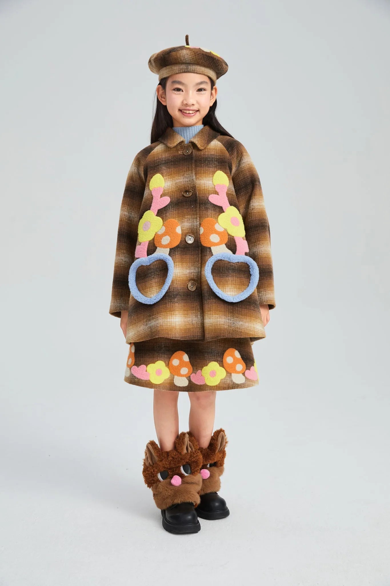 Poco Blush Forest Embroidered Check Wool Coat