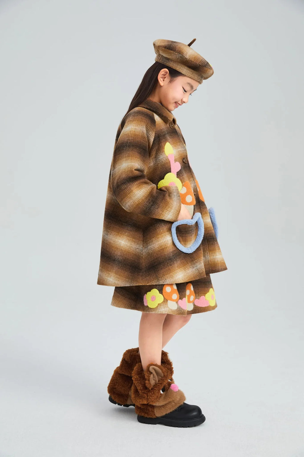 Poco Blush Forest Embroidered Check Wool Coat