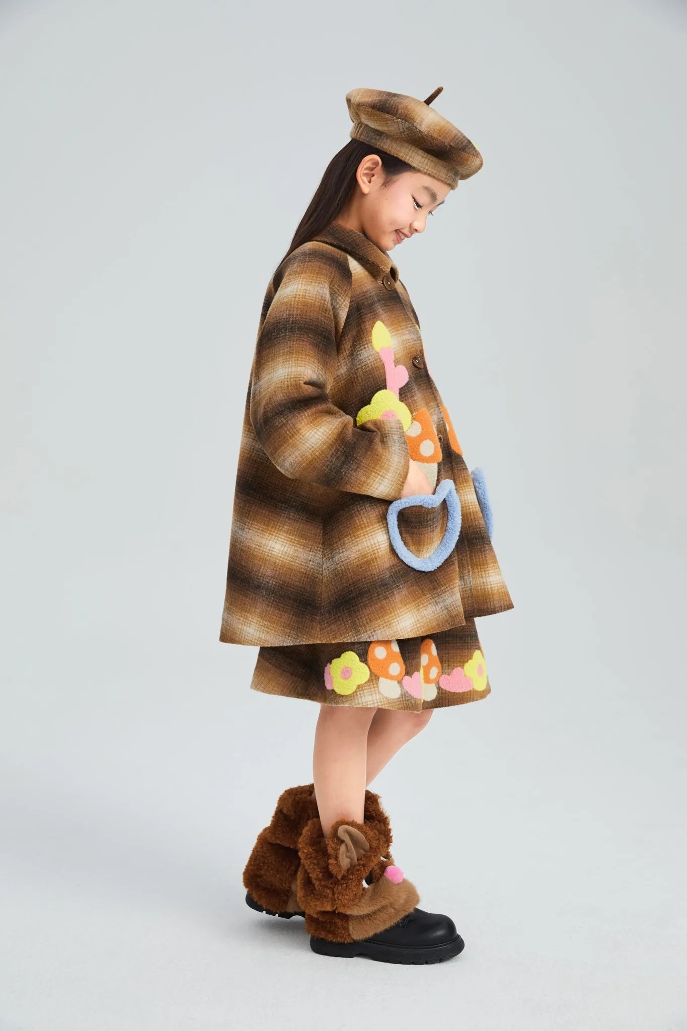 Poco Blush Forest Embroidered Check Wool Coat