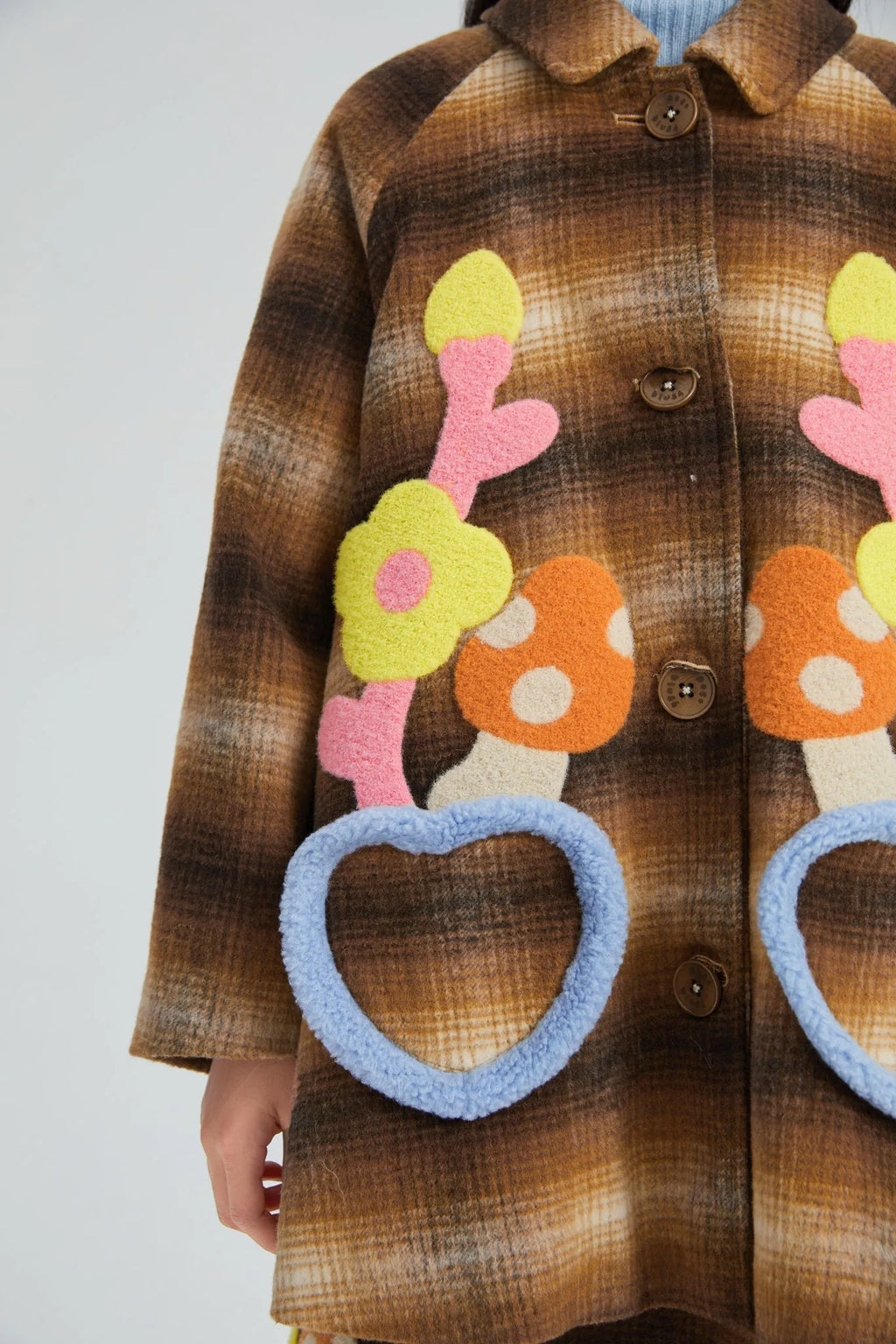 Poco Blush Forest Embroidered Check Wool Coat