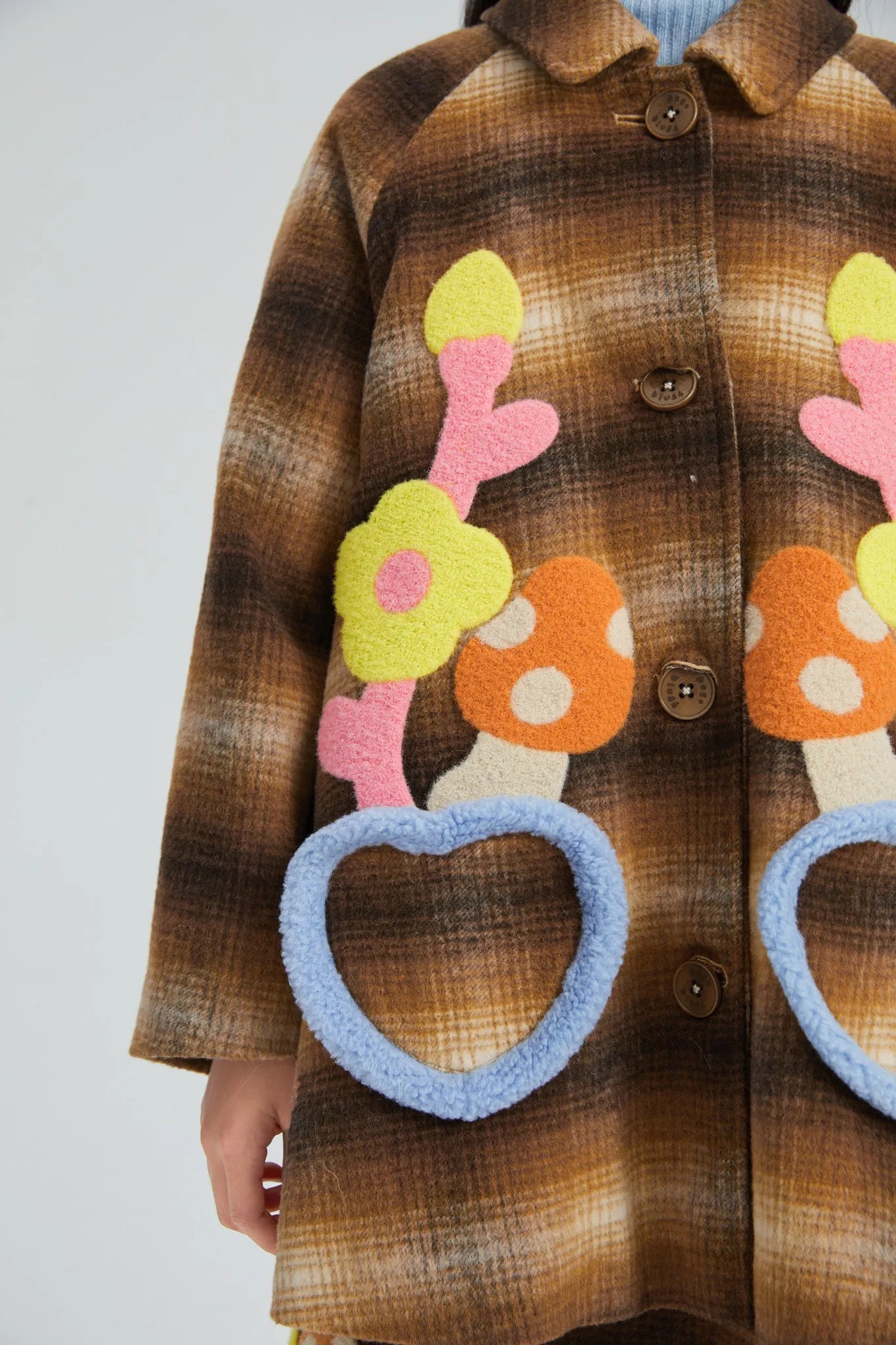 Poco Blush Forest Embroidered Check Wool Coat