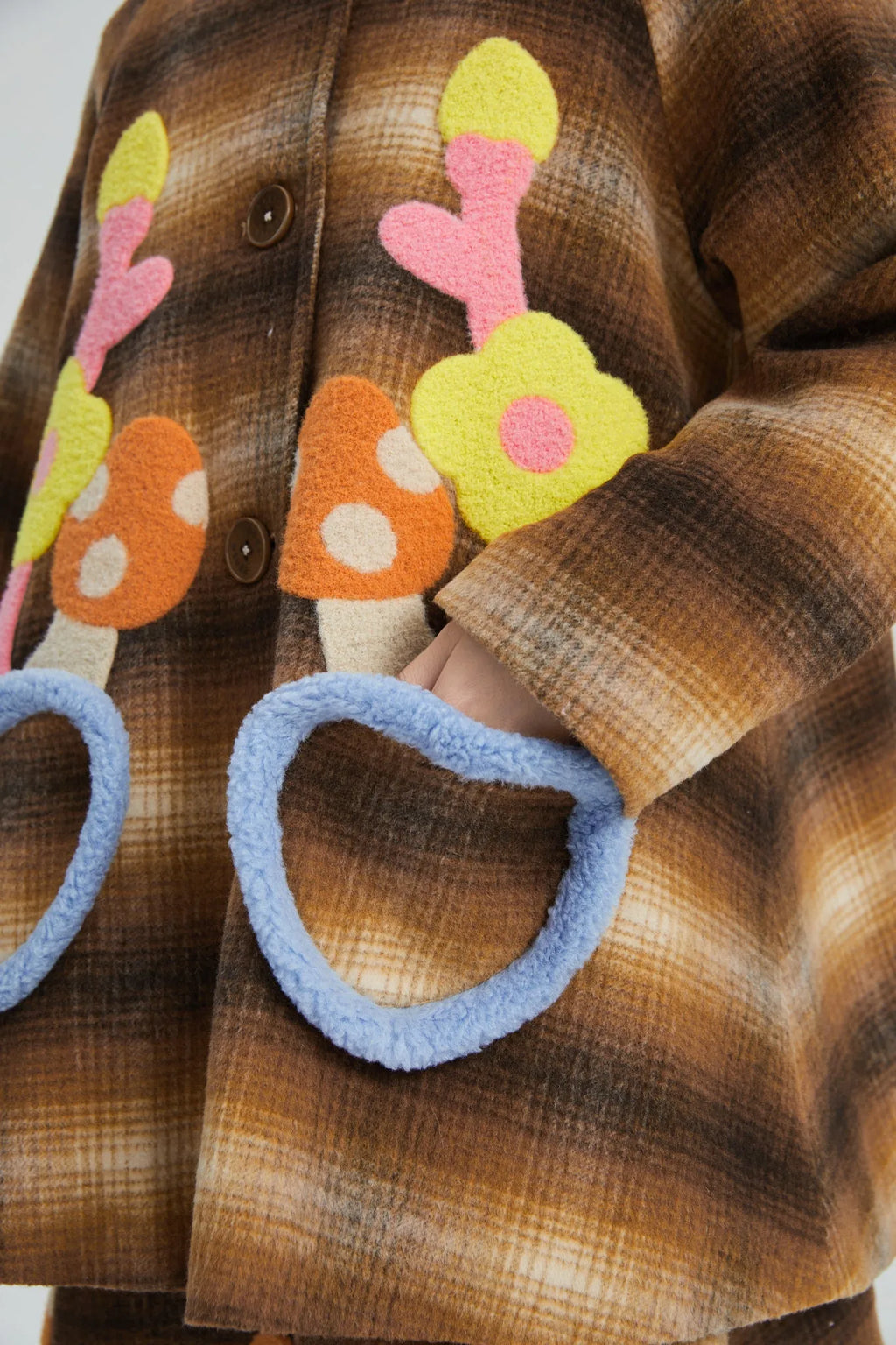 Poco Blush Forest Embroidered Check Wool Coat