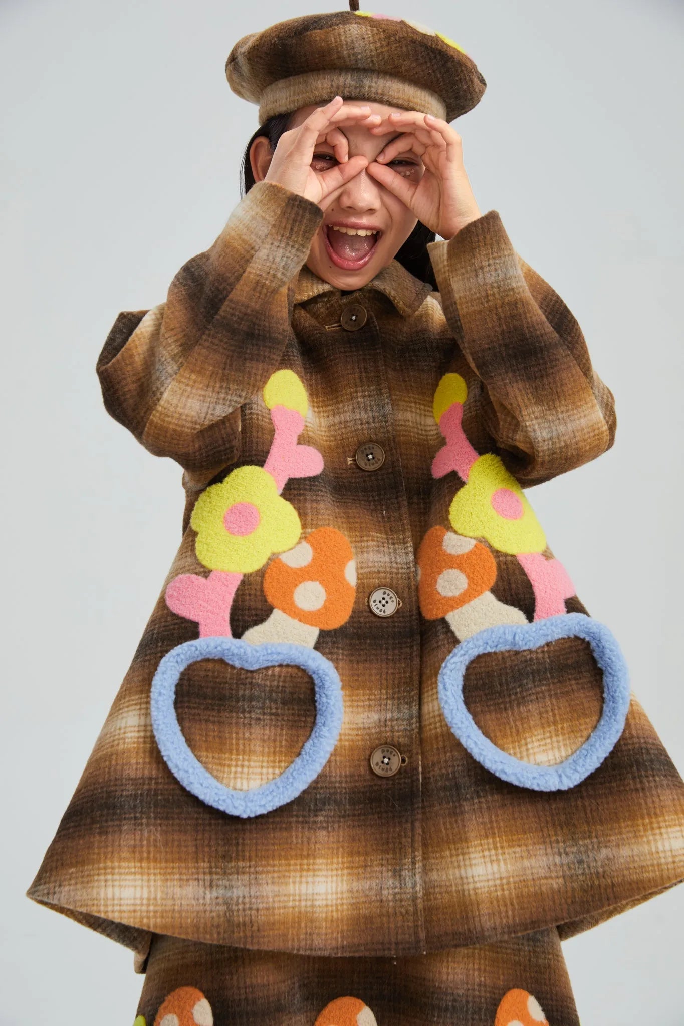 Poco Blush Forest Embroidered Check Wool Coat