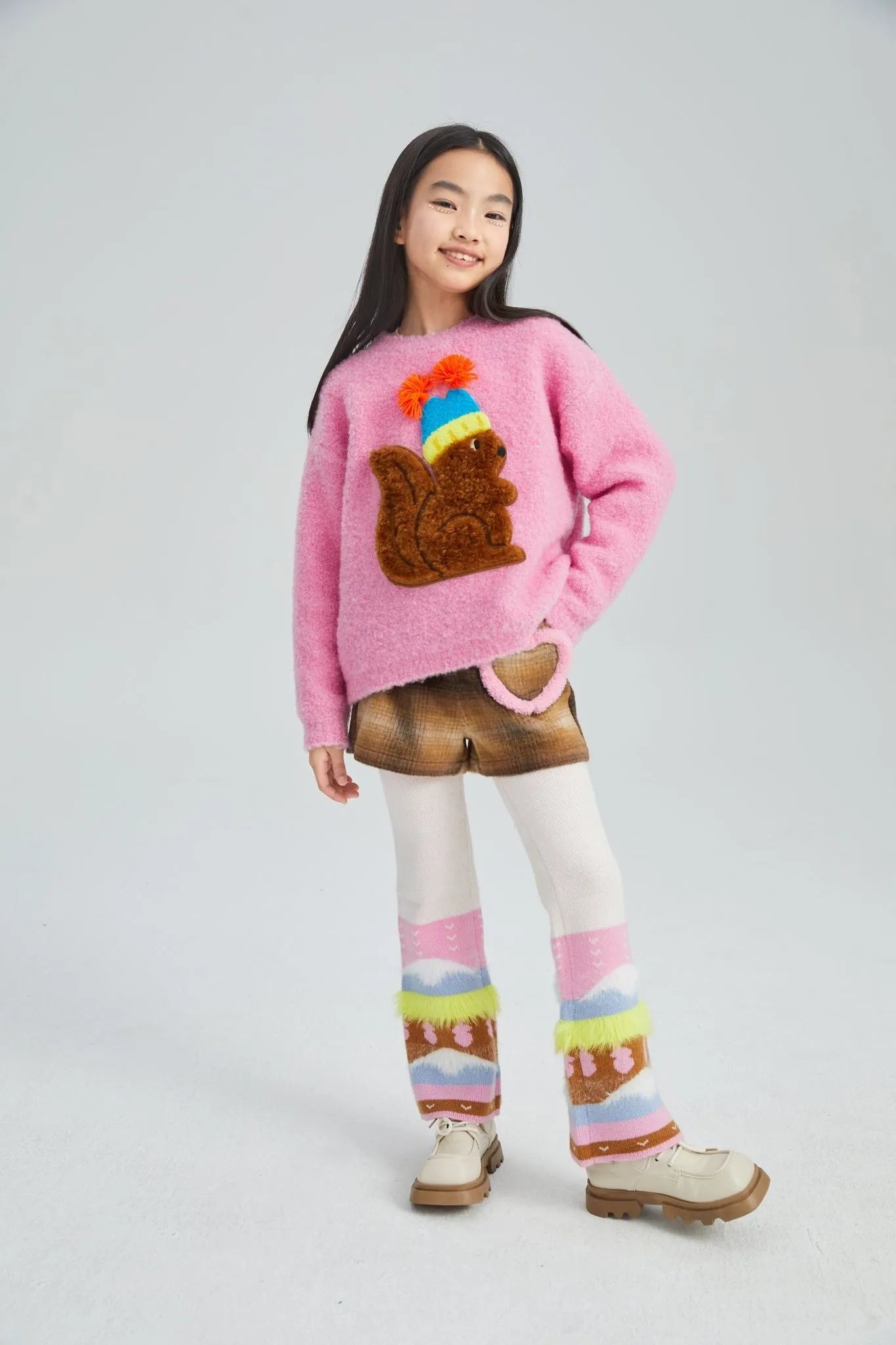 Poco Blush Snow Squirrel & Puppy Loop Knit Sweater
