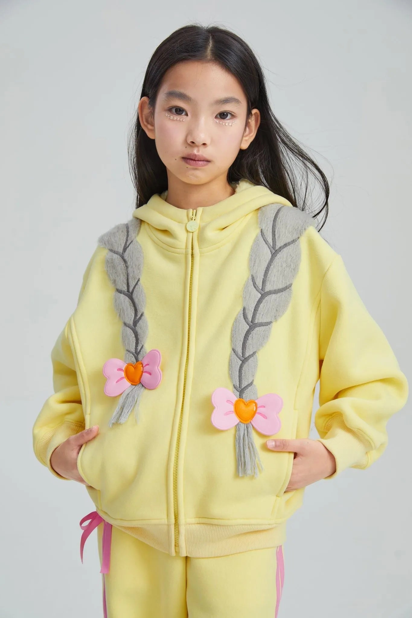 Poco Blush Bow Braid Fleece Zip Jacket