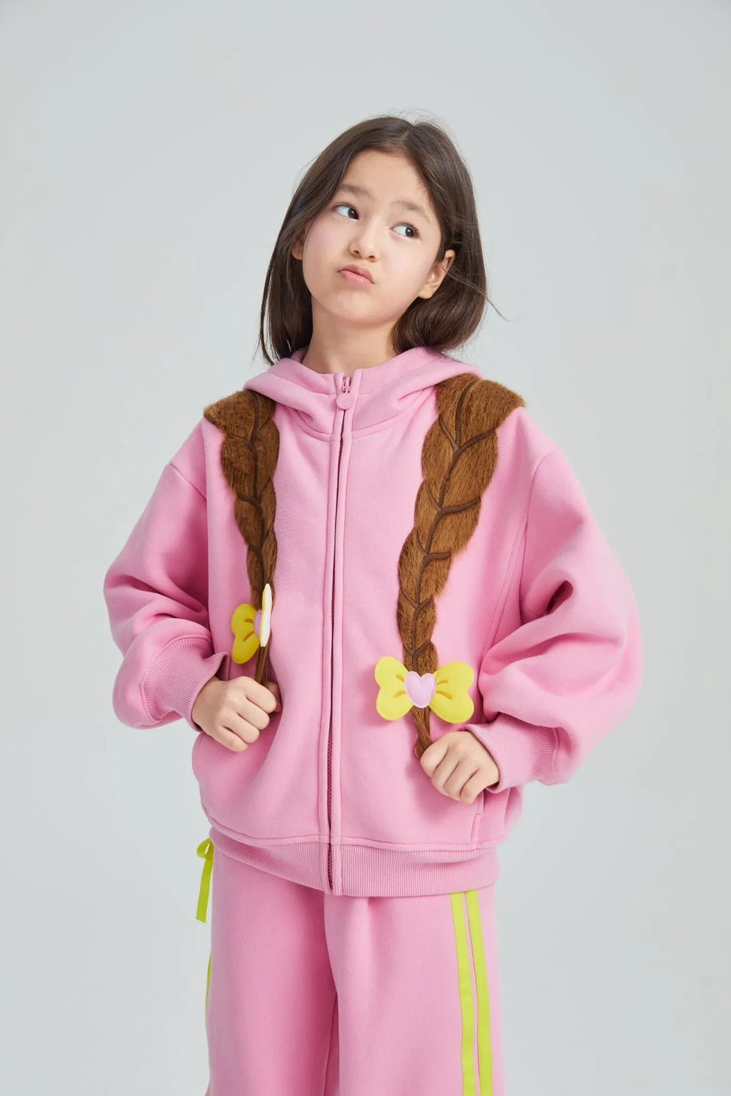 Poco Blush Bow Braid Fleece Zip Jacket