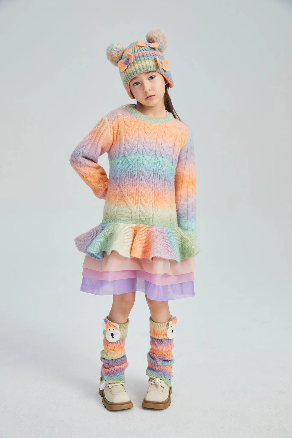 Poco Blush Rainbow Knit Tulle Sweater Dress