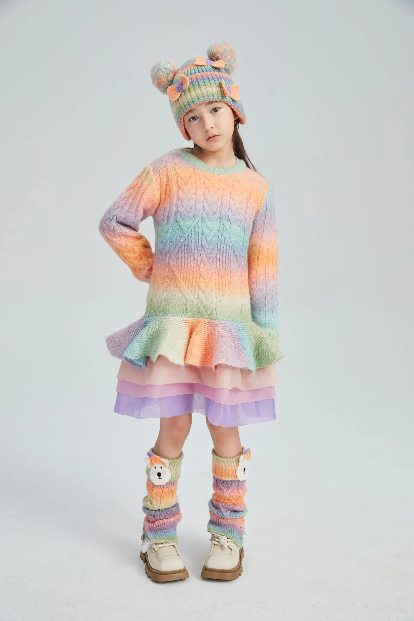 Poco Blush Rainbow Knit Tulle Sweater Dress