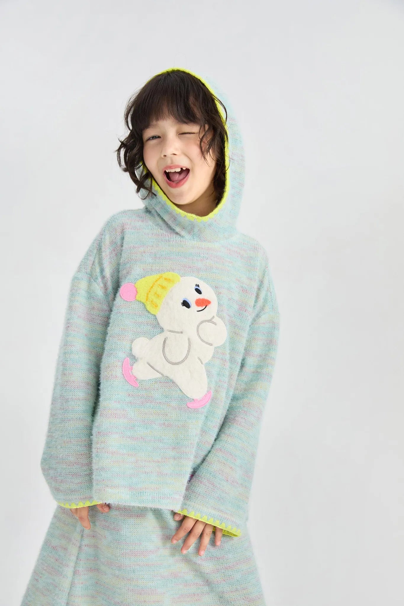 Poco Blush Ice Rink Snowman & Bunny Fuzzy Knit Hoodie
