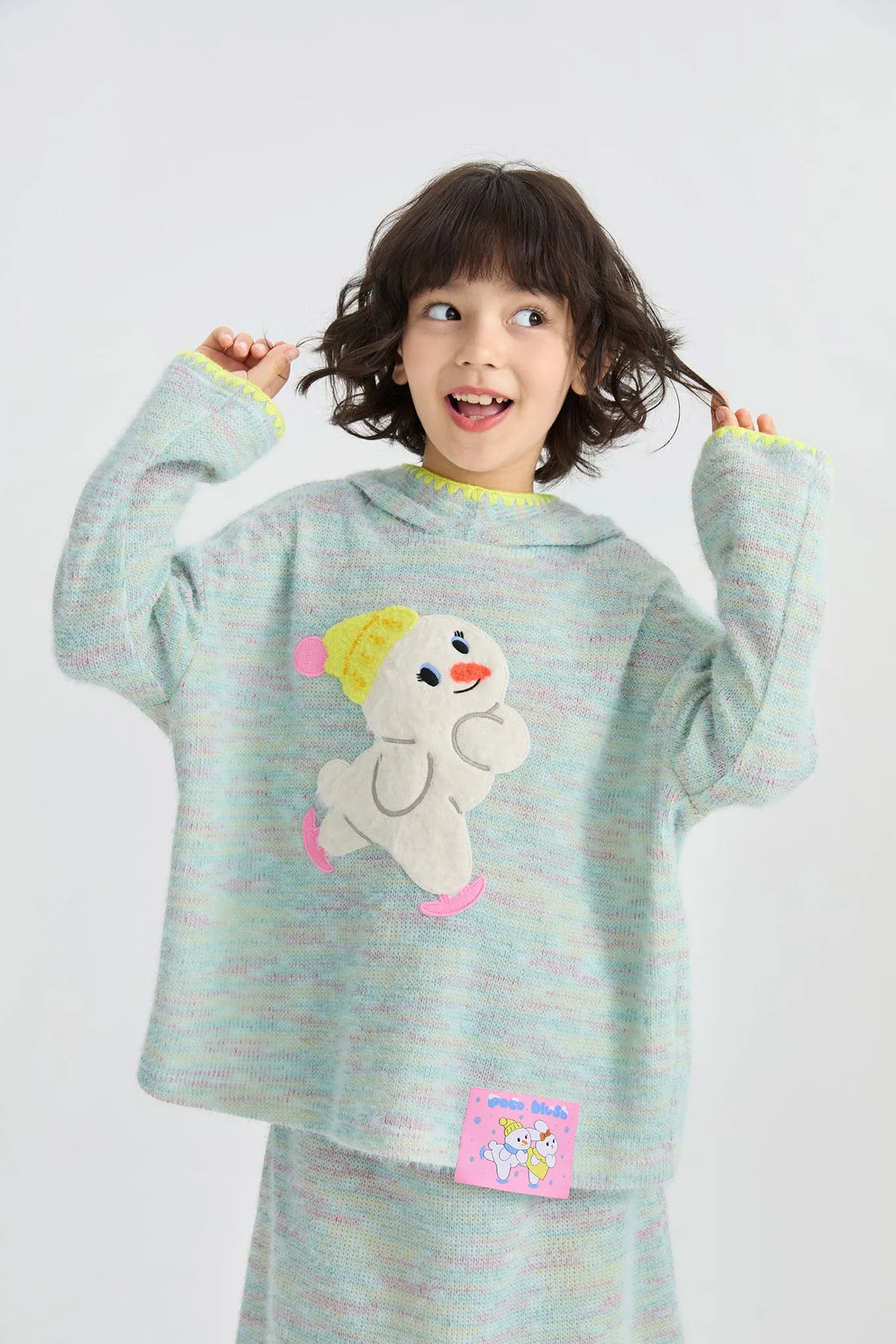 Poco Blush Ice Rink Snowman & Bunny Fuzzy Knit Hoodie