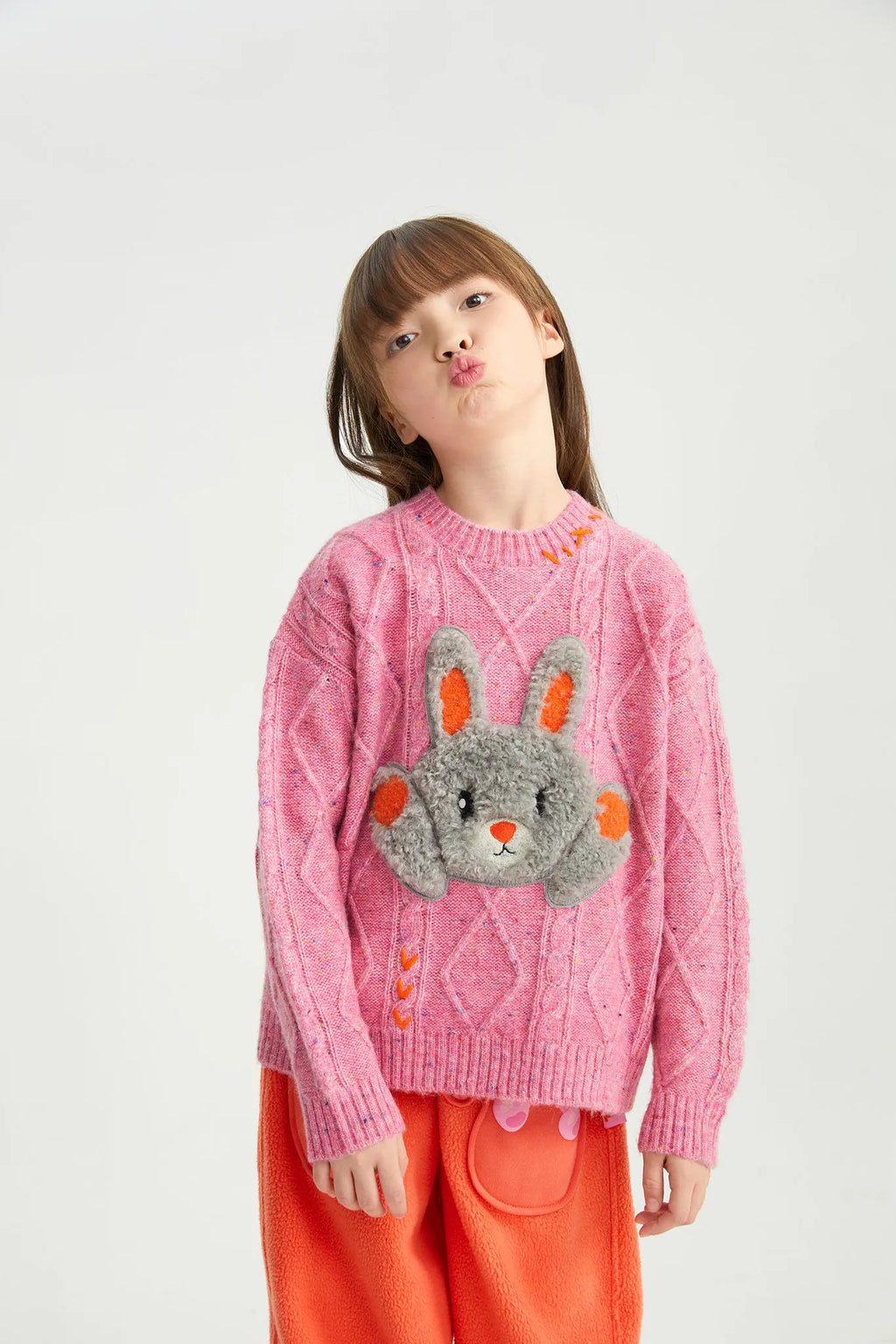 Poco Blush Hello Bunny & Snowman Cable Knit Sweater