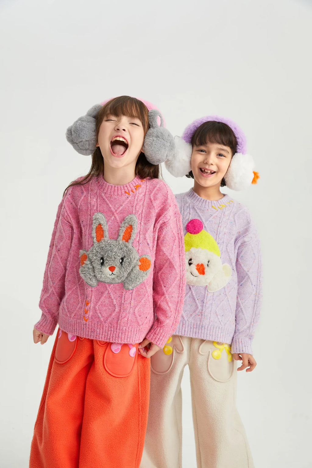 Poco Blush Hello Bunny & Snowman Cable Knit Sweater
