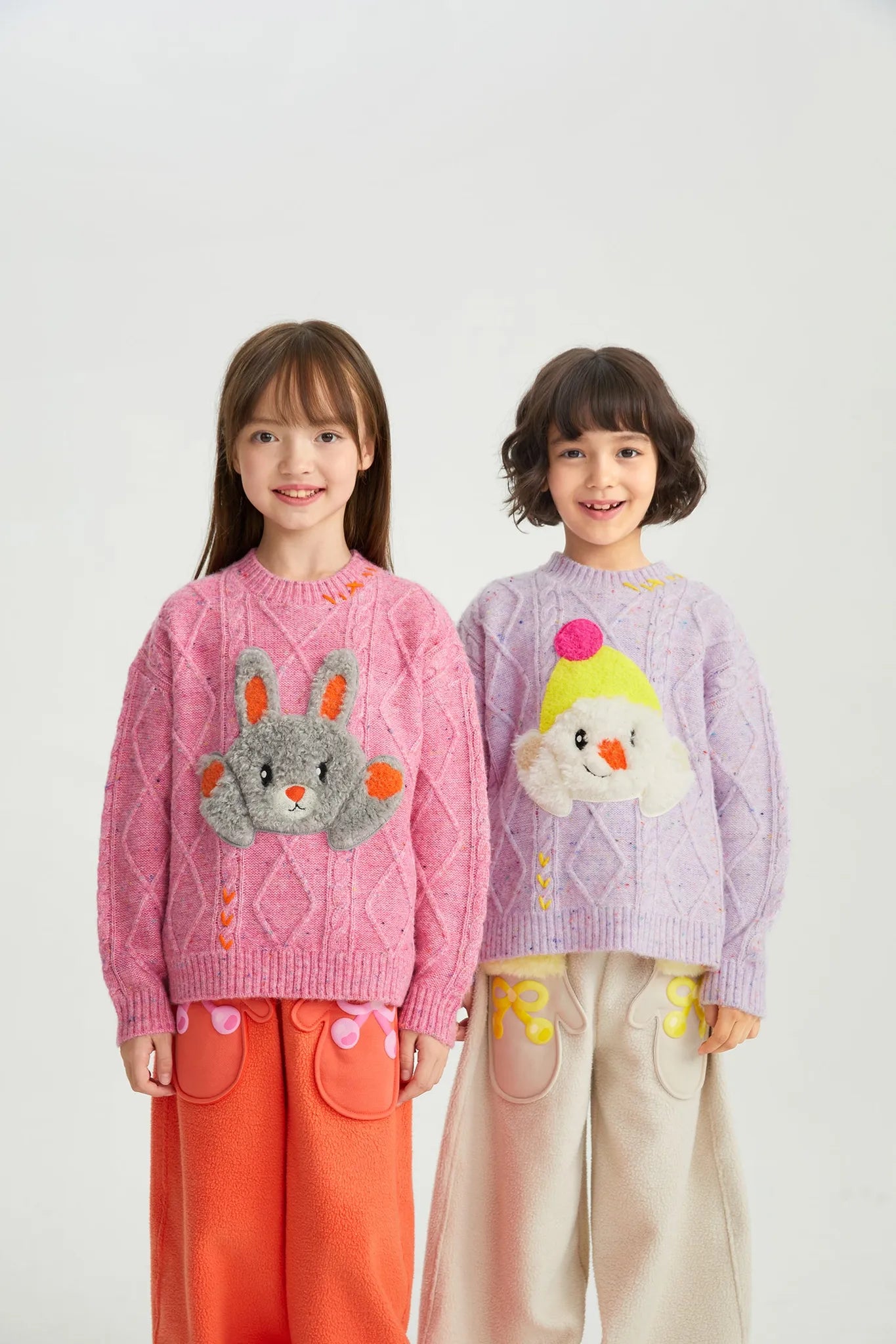 Poco Blush Hello Bunny & Snowman Cable Knit Sweater