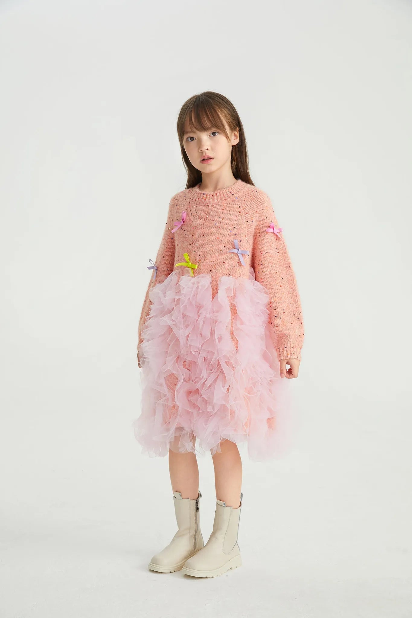 Poco Blush Sparkling Bow Mesh Knit Dress
