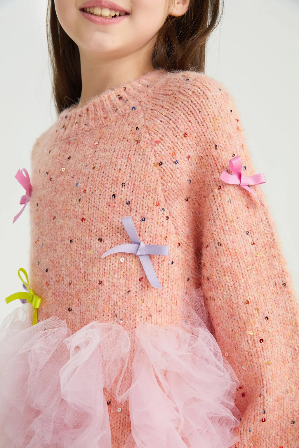 Poco Blush Sparkling Bow Mesh Knit Dress