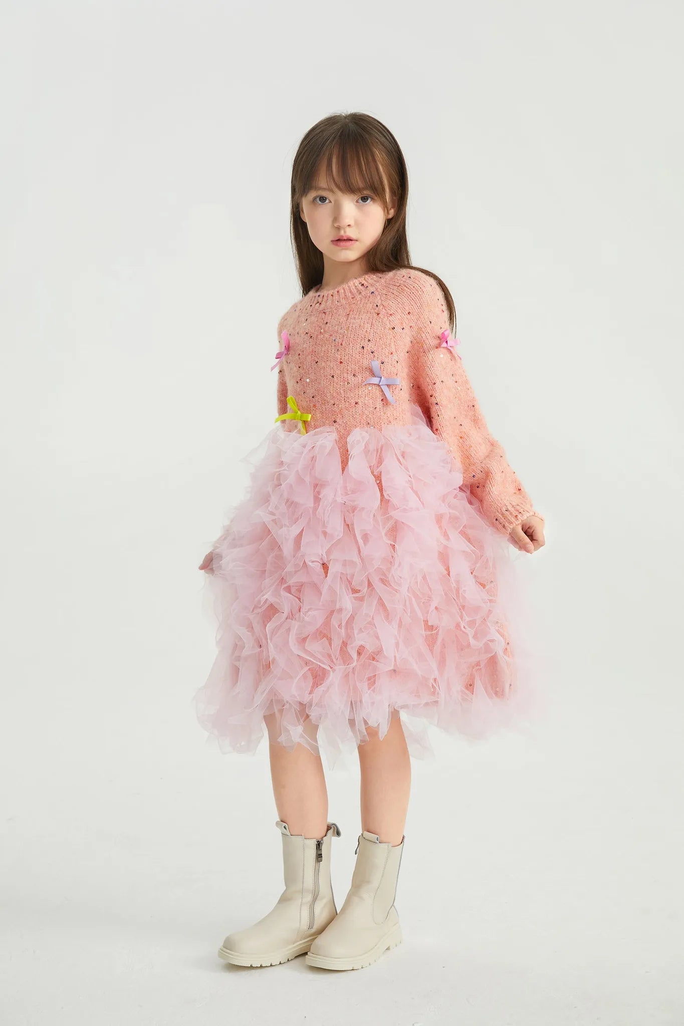 Poco Blush Sparkling Bow Mesh Knit Dress