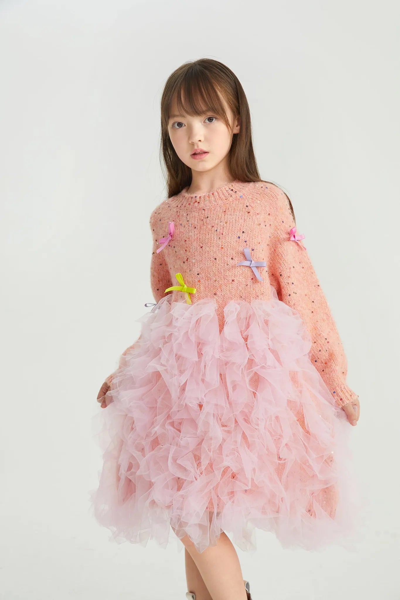 Poco Blush Sparkling Bow Mesh Knit Dress