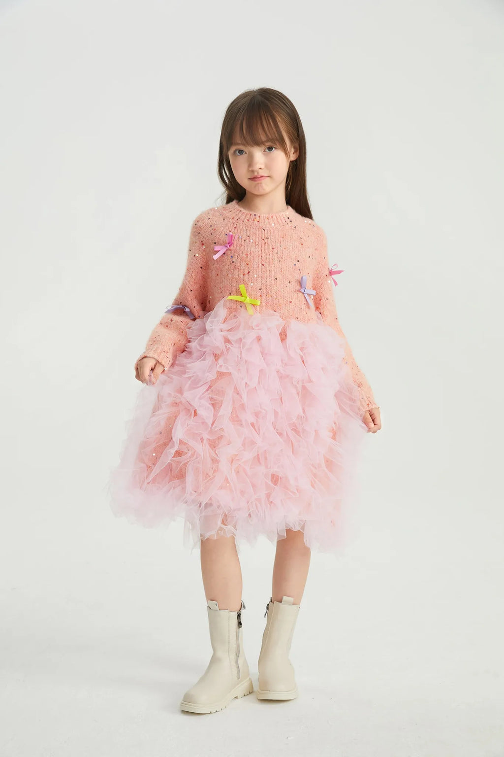 Poco Blush Sparkling Bow Mesh Knit Dress
