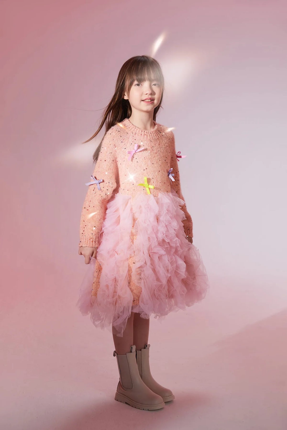 Poco Blush Sparkling Bow Mesh Knit Dress