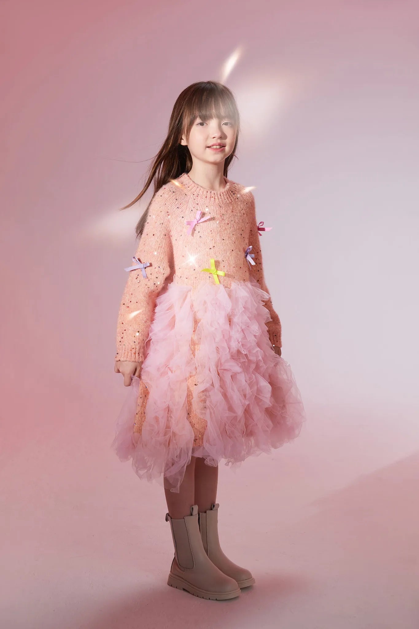 Poco Blush Sparkling Bow Mesh Knit Dress