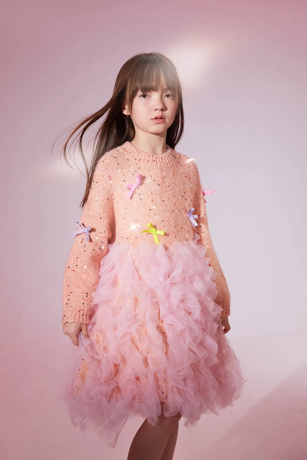 Poco Blush Sparkling Bow Mesh Knit Dress