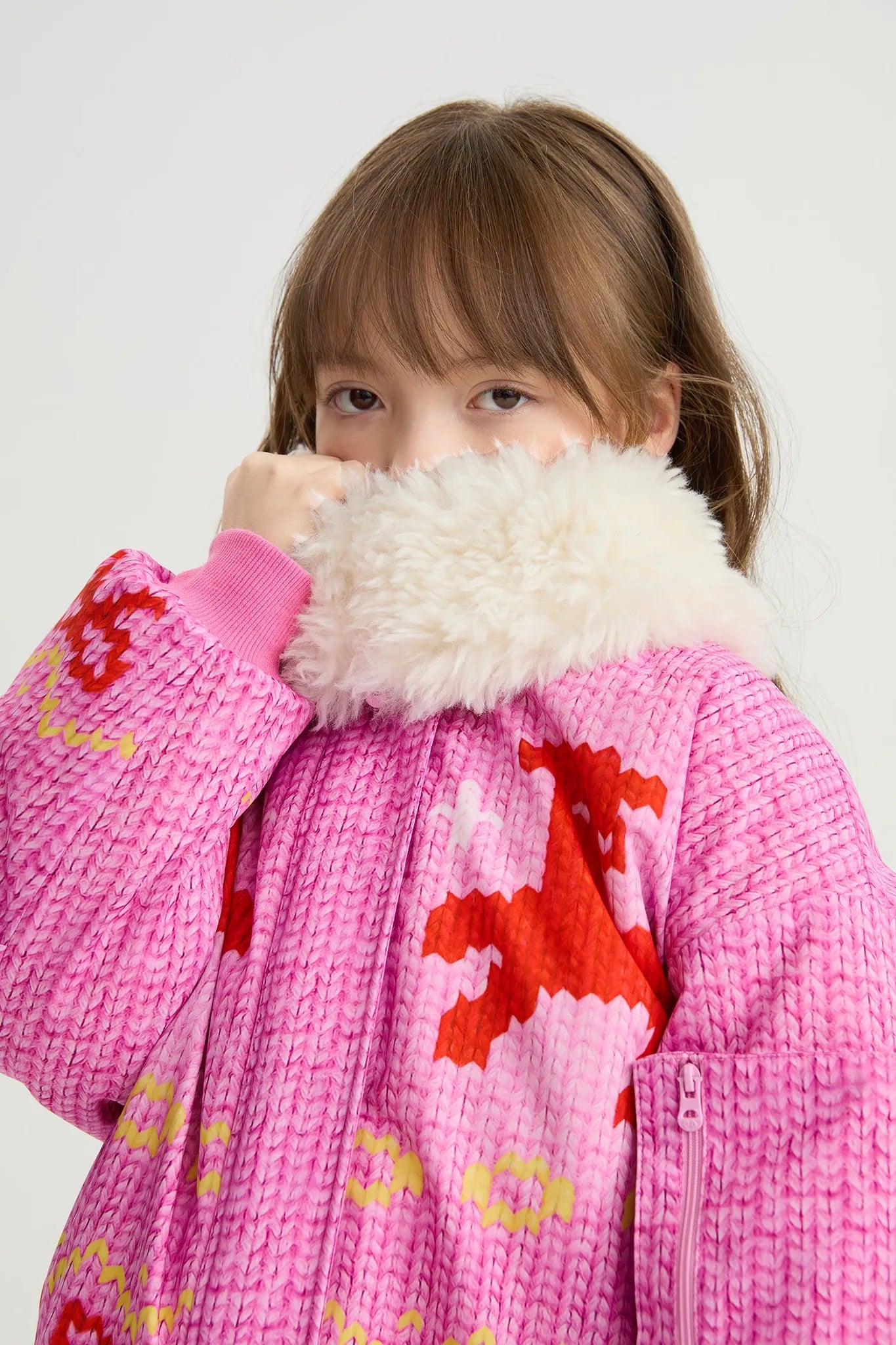 Poco Blush Little Sheep Chunky Knit Print Fleece Jacket