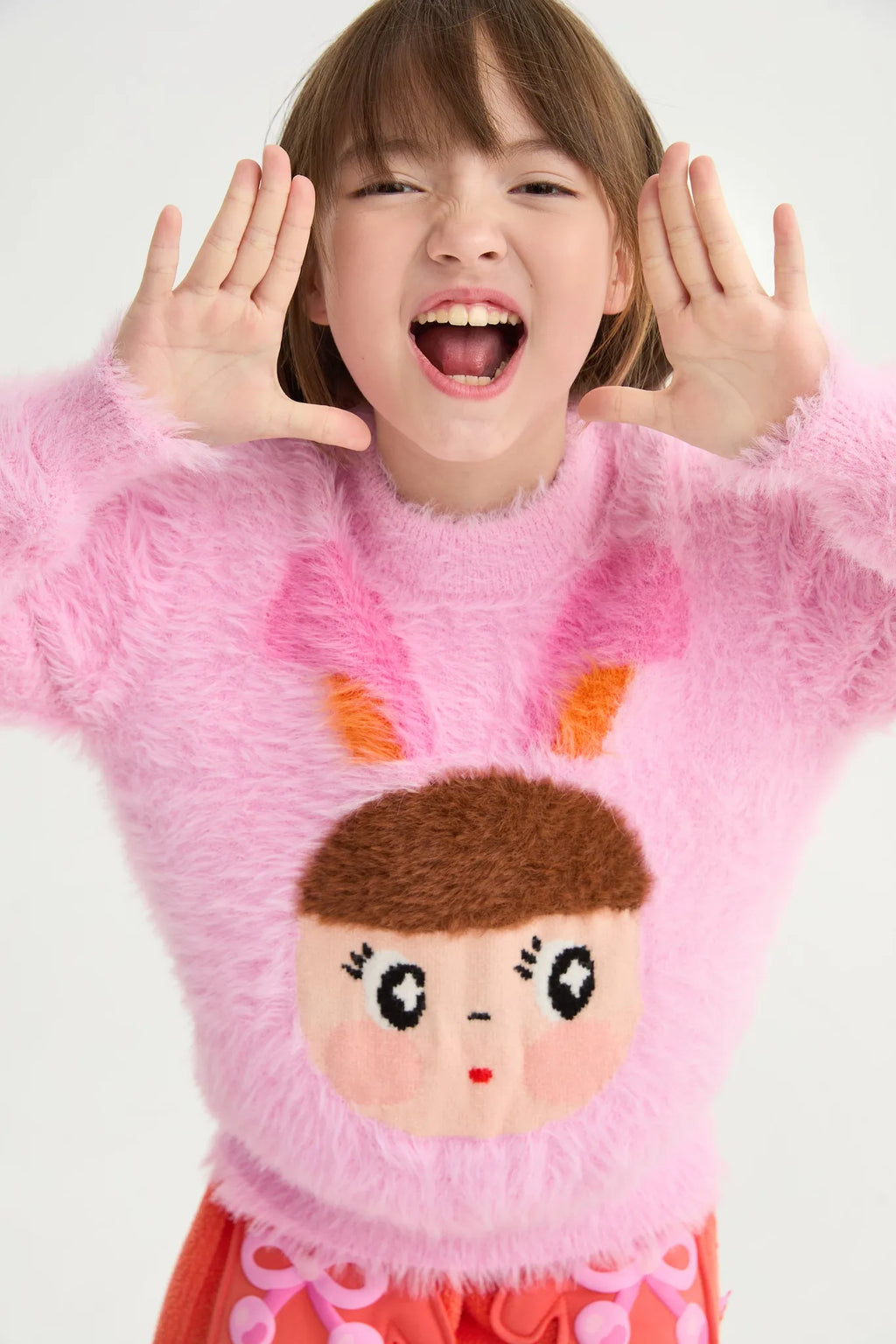 Poco Blush Fringe Cat & Bunny Jacquard Sweater