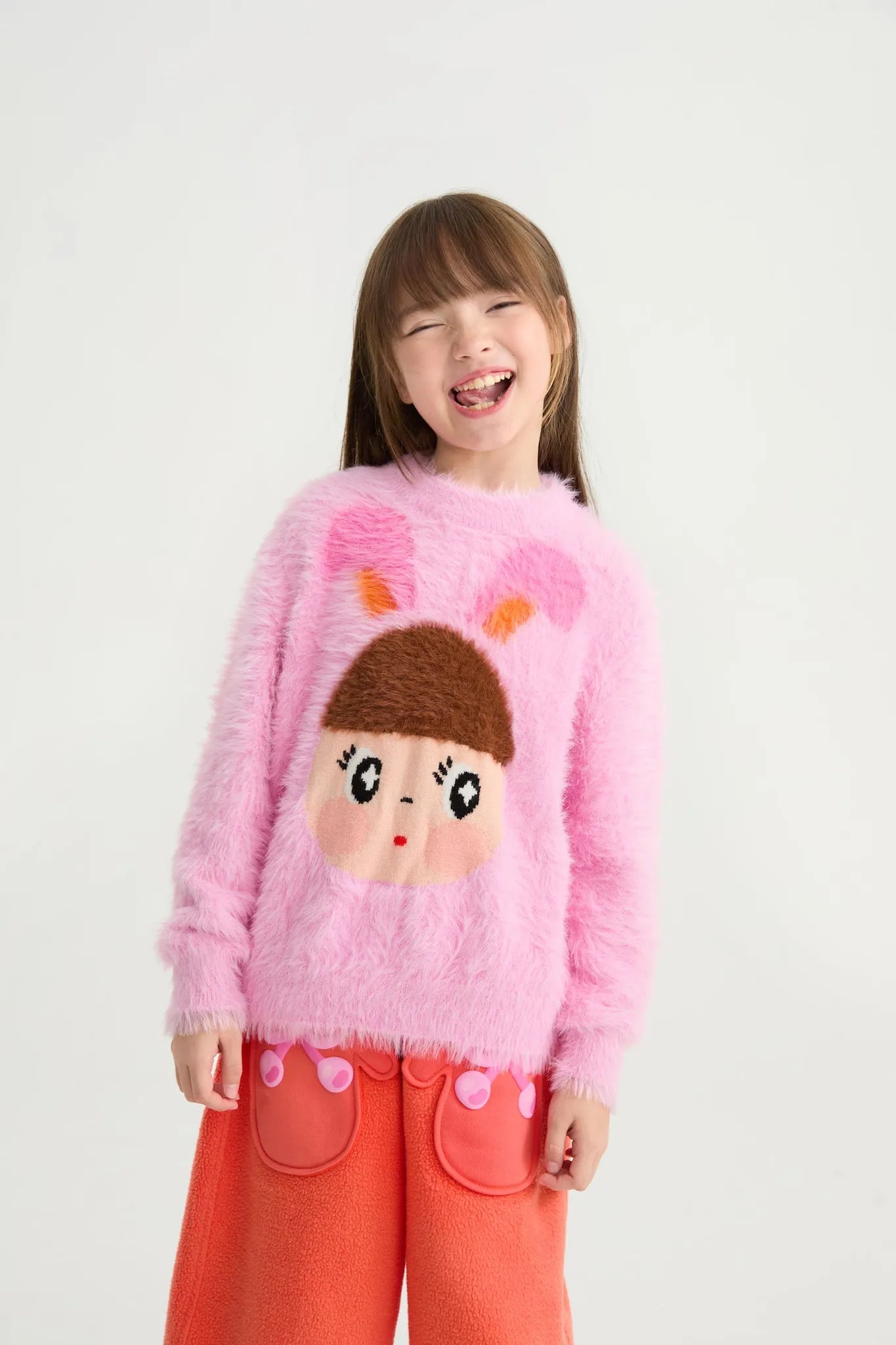 Poco Blush Fringe Cat & Bunny Jacquard Sweater