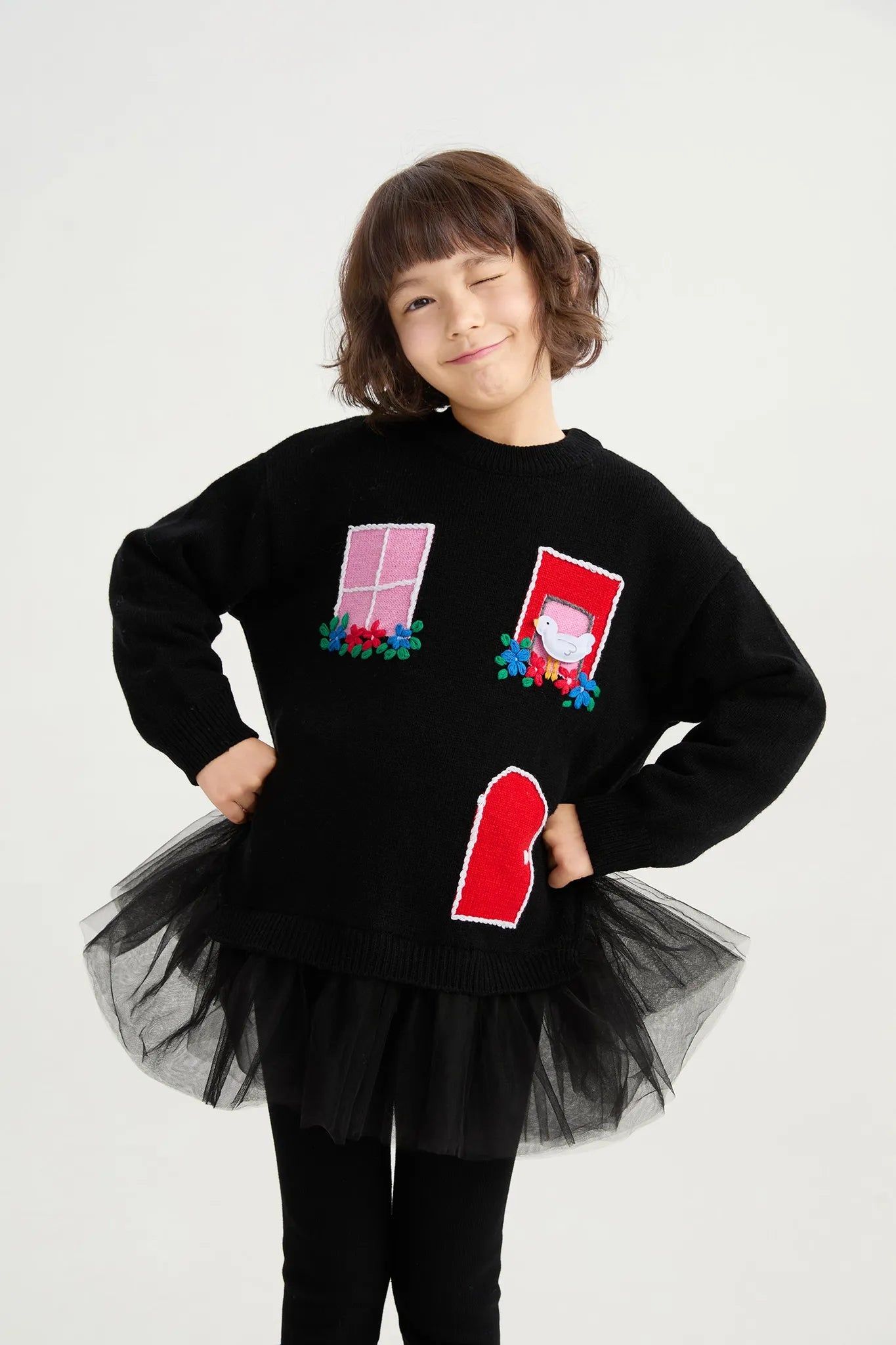 Poco Blush Bird at the Window Mesh Knit Sweater