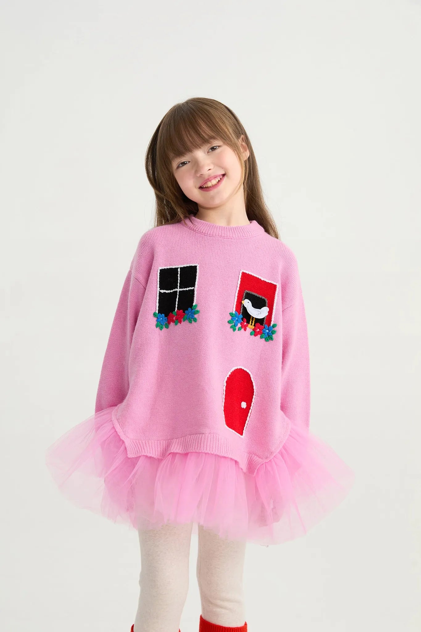 Poco Blush Bird at the Window Mesh Knit Sweater