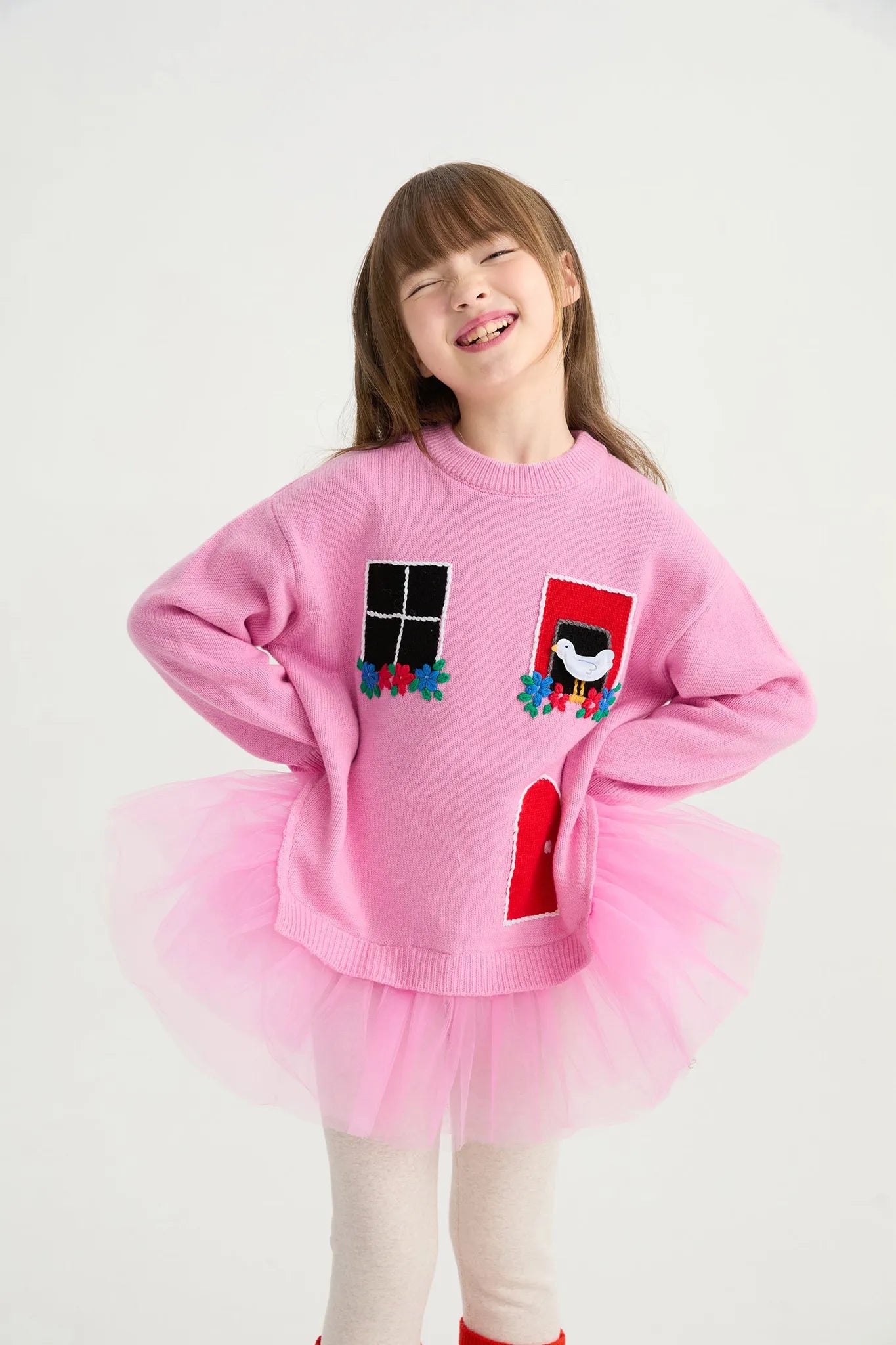 Poco Blush Bird at the Window Mesh Knit Sweater