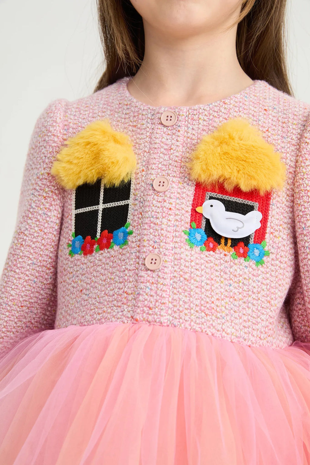 Poco Blush Bird at the Window Mesh Tweed Dress